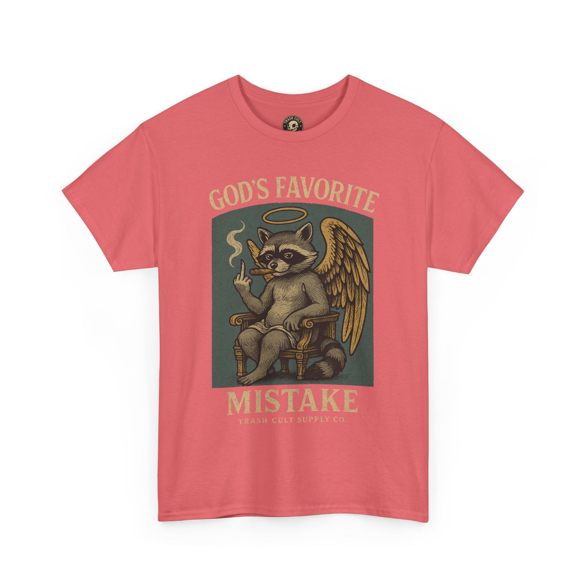 God’s Favorite Mistake Shirt – Raccoon Angel Flipping the Bird by Trash Cult Supply Co.