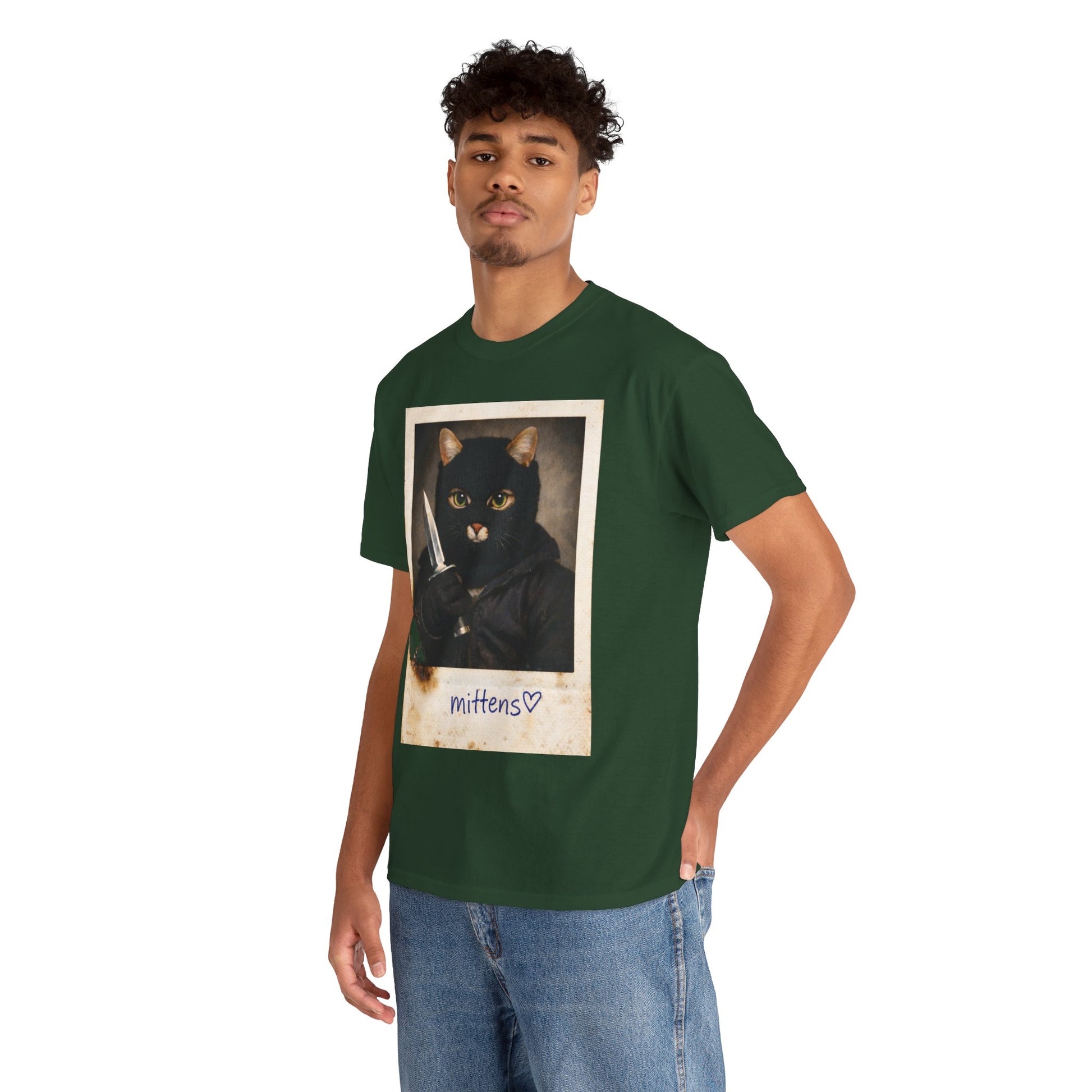 Cat With Knife Tee — "Mittens" Dark Humor Vintage Polaroid Graphic T-Shirt