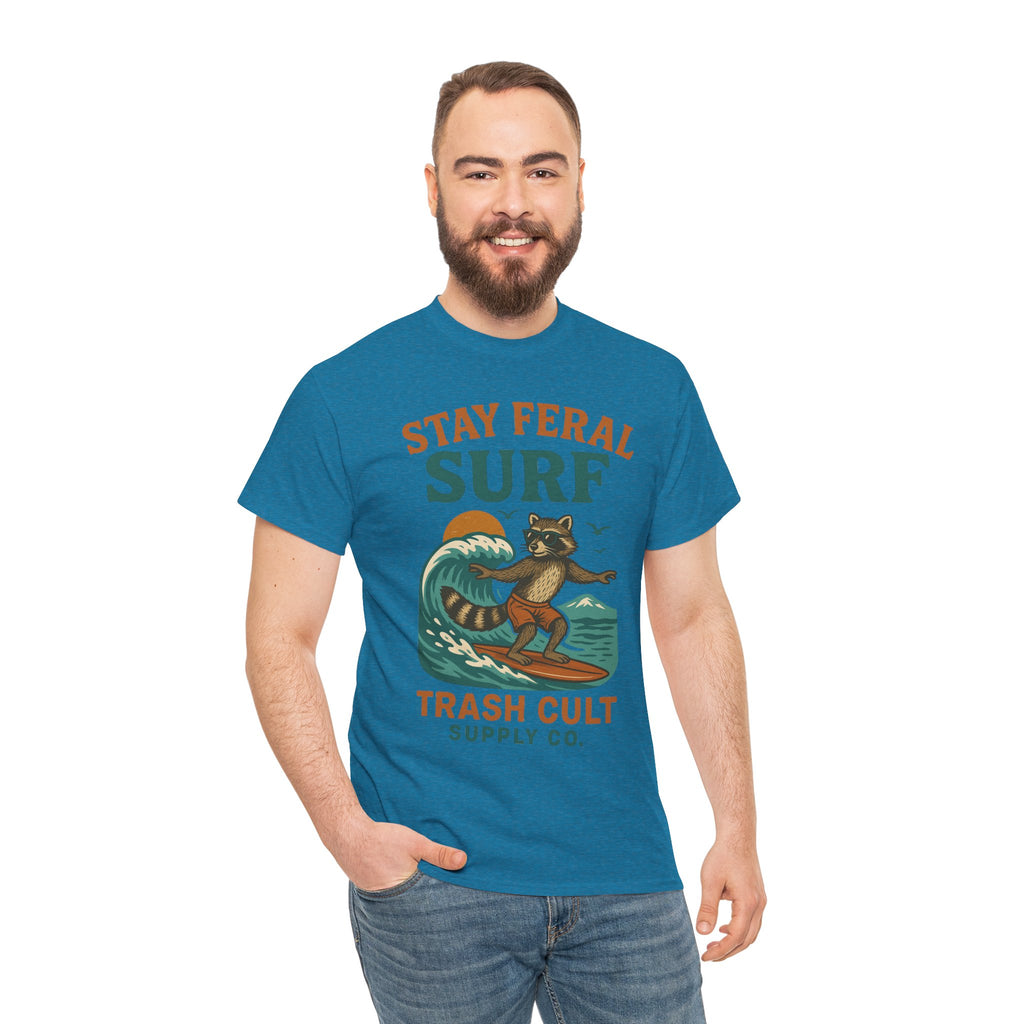 Stay Feral Surf Shirt – Retro Raccoon Beach Tee – Trash Cult Supply Co – Gildan 5000