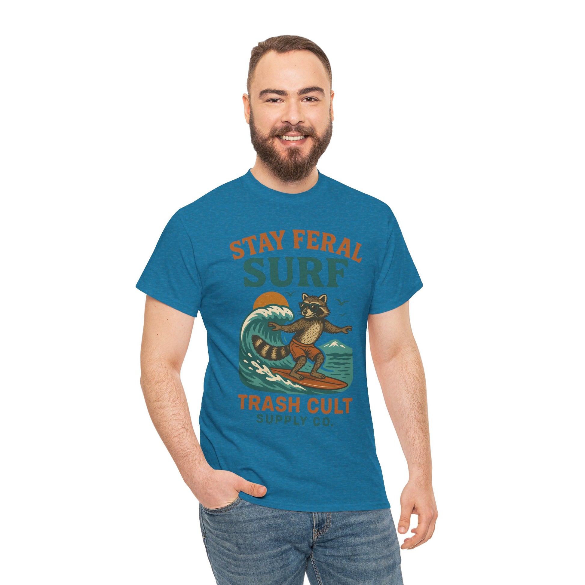 Stay Feral Surf Shirt – Retro Raccoon Beach Tee – Trash Cult Supply Co – Gildan 5000