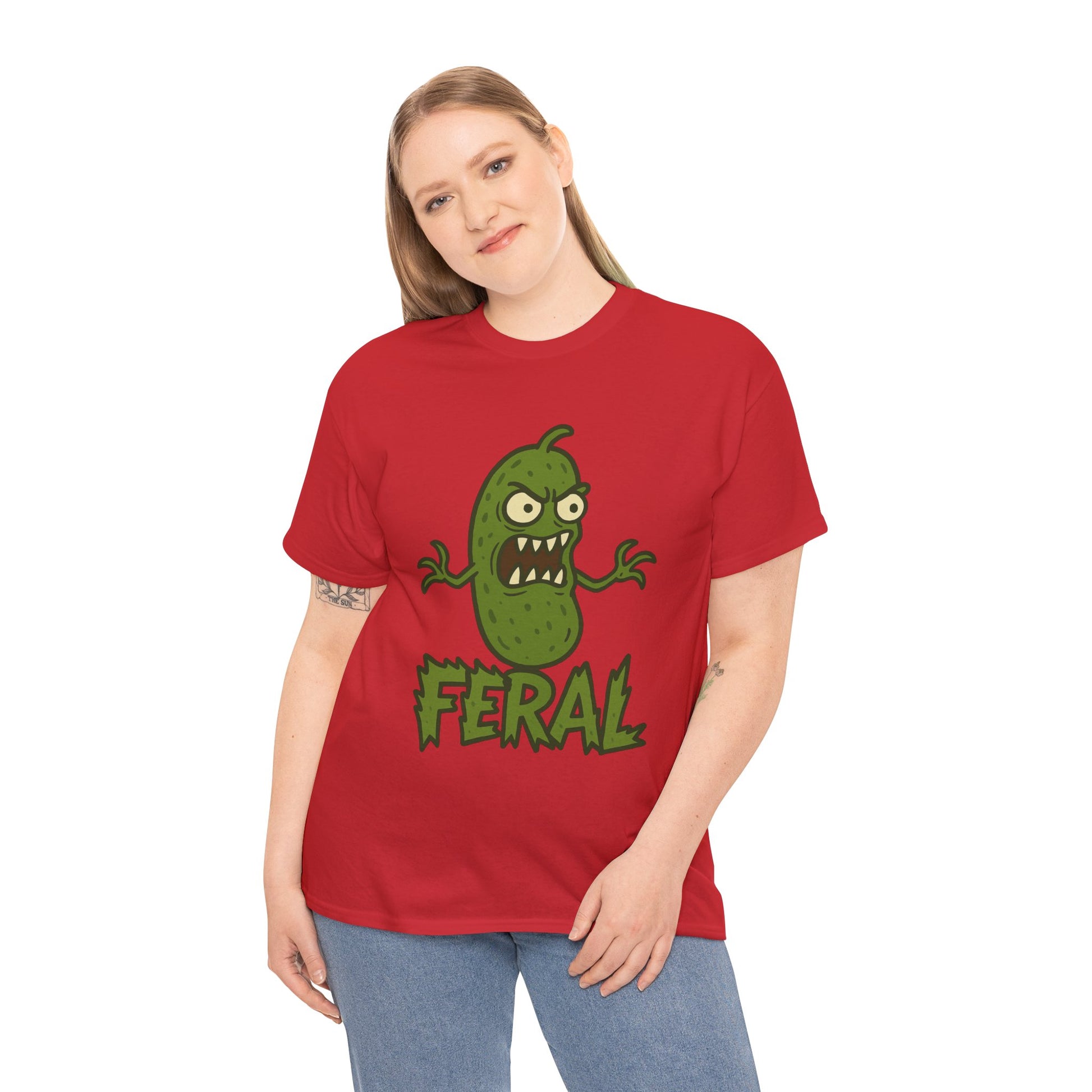 Feral Pickle Cartoon Tee – Trashcore Angry Pickle Shirt – Gildan 5000 Unisex Heavy Cotton