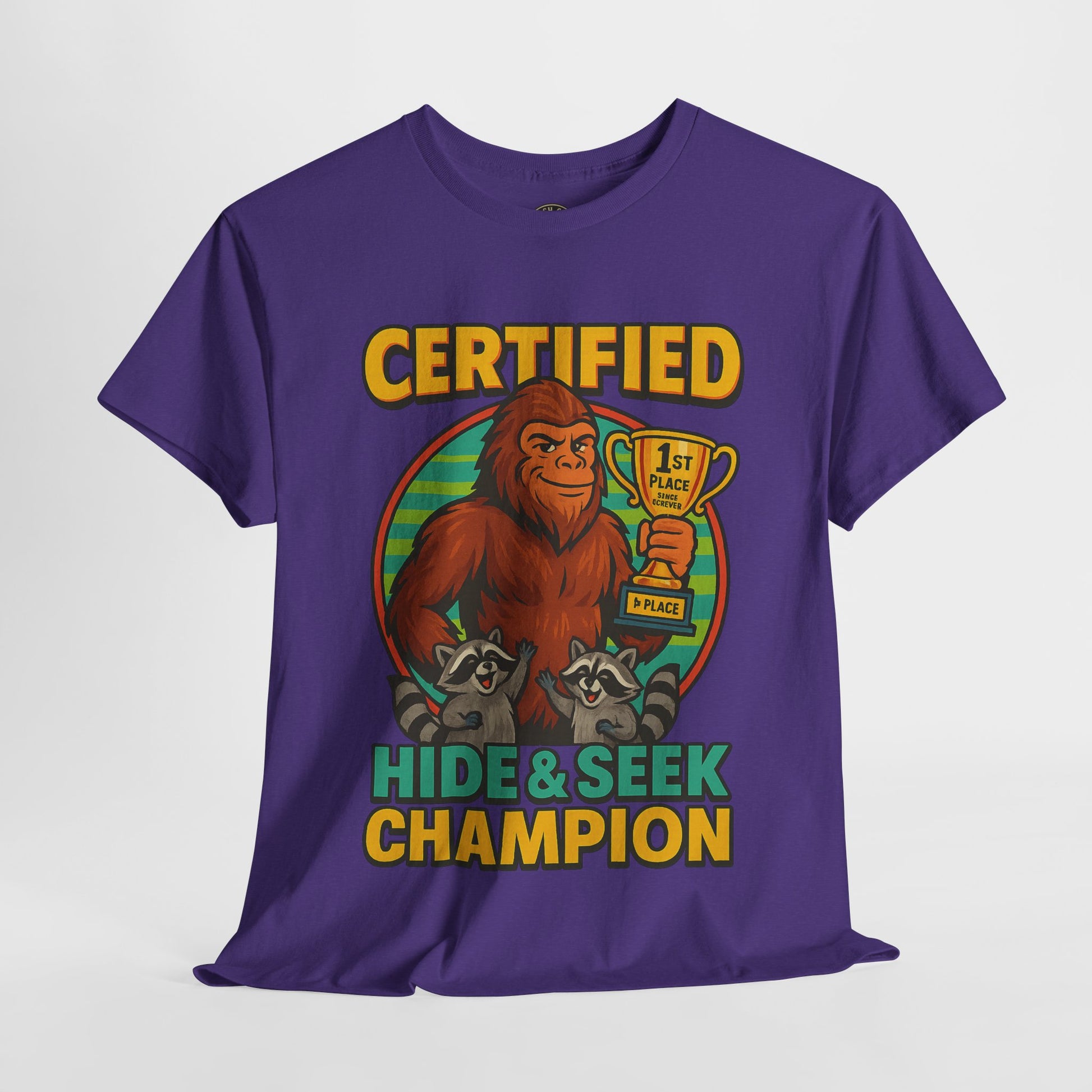 Certified Hide & Seek Champion Bigfoot T-Shirt – Funny Cryptid Shirt – Raccoon Forest Meme Tee – Gildan 5000