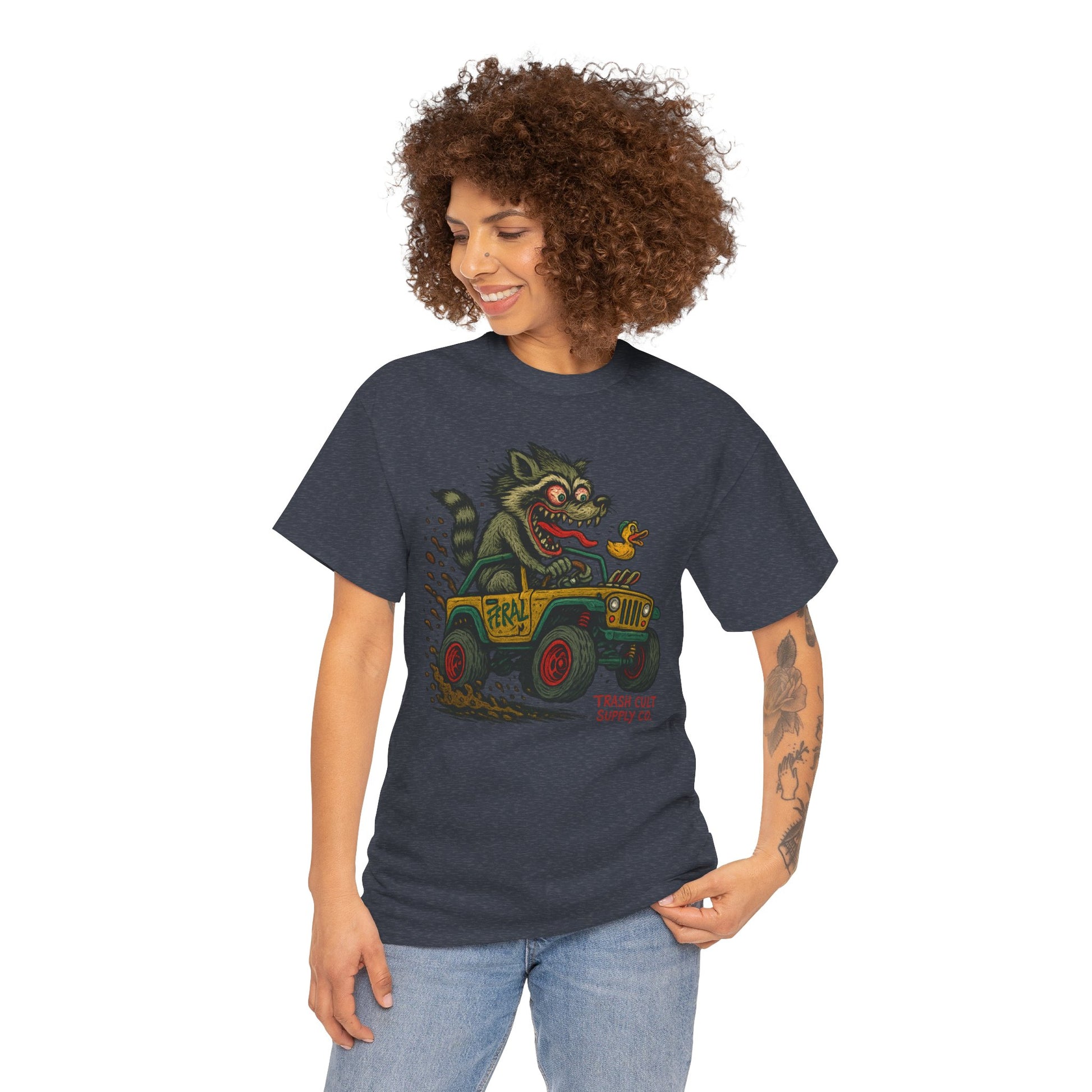 Feral Jeep Raccoon Shirt – Ed Roth Style Off-Road Chaos | Trash Cult Supply Co | Gildan 5000 Tee