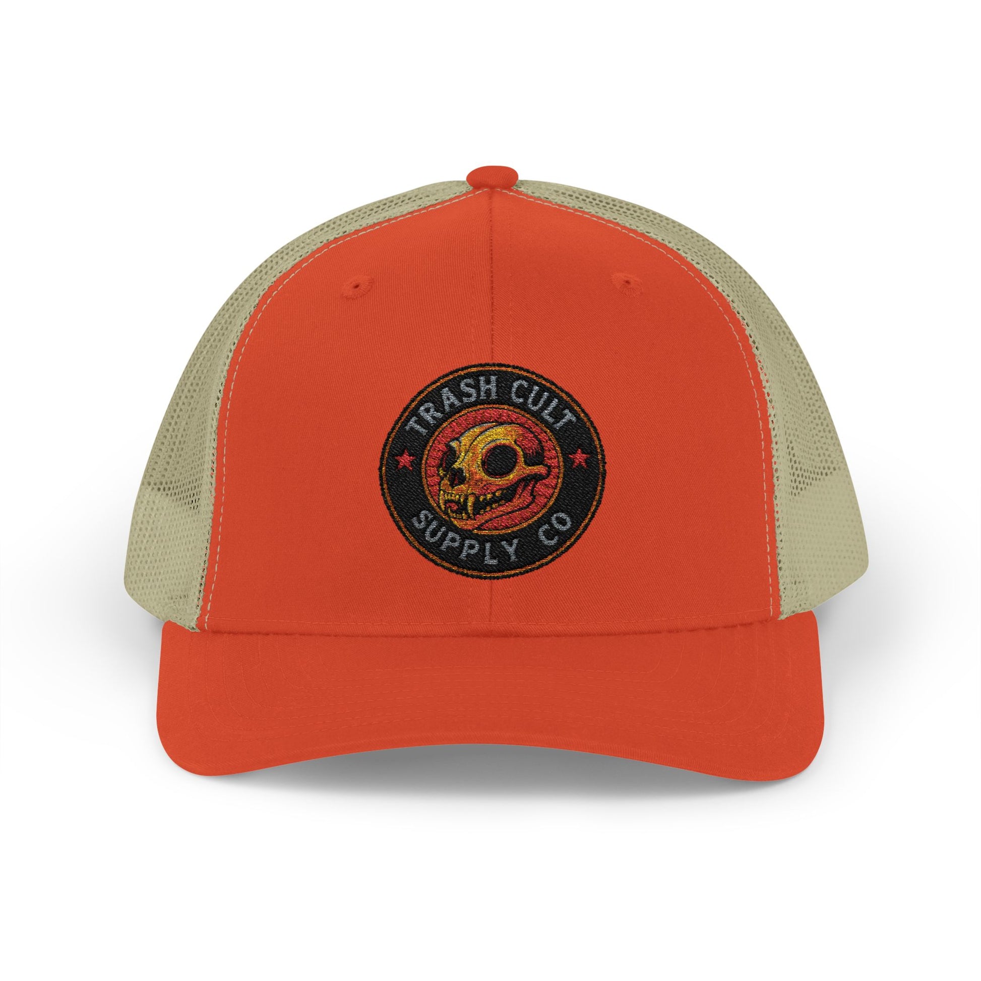 Orange and beige cap with a logo on a white background