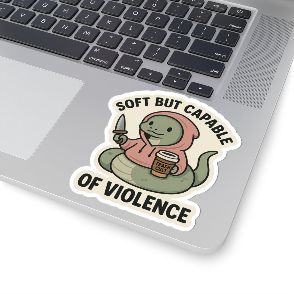 “Soft But Capable of Violence” Sticker – Cute Snake with Knife & Latte