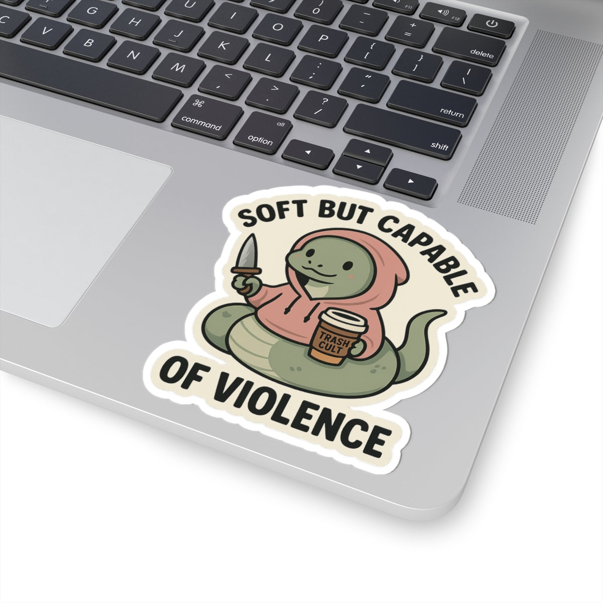 “Soft But Capable of Violence” Sticker – Cute Snake with Knife & Latte