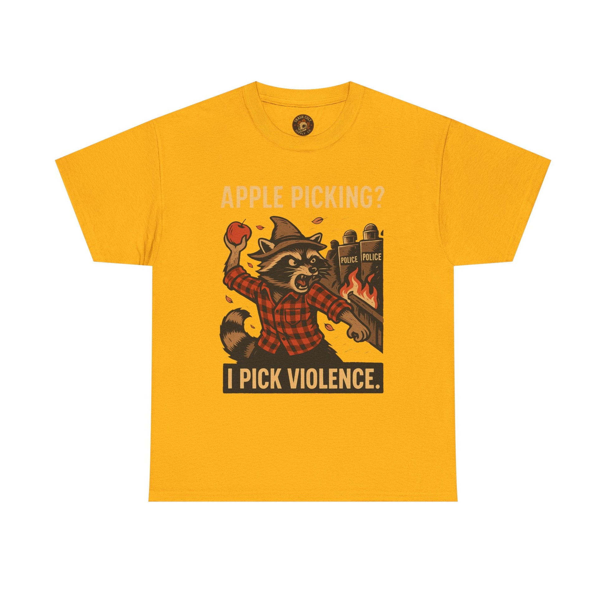 Apple Picking? I Pick Violence Shirt – Angry Raccoon Riot Tee – Fall of Humanity Collection – Trash Cult Supply Co.