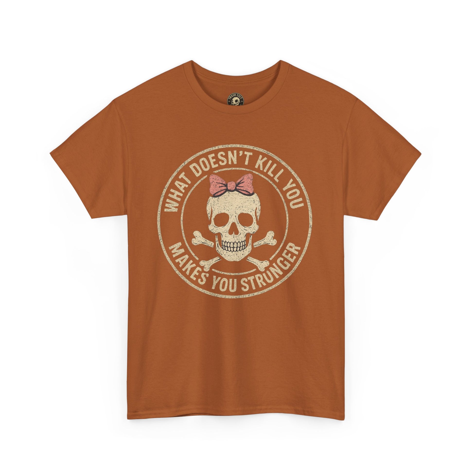 “What Doesn’t Kill You Makes You Stronger” Skull & Bow T-Shirt – Vintage Grunge Graphic | Gildan 5000