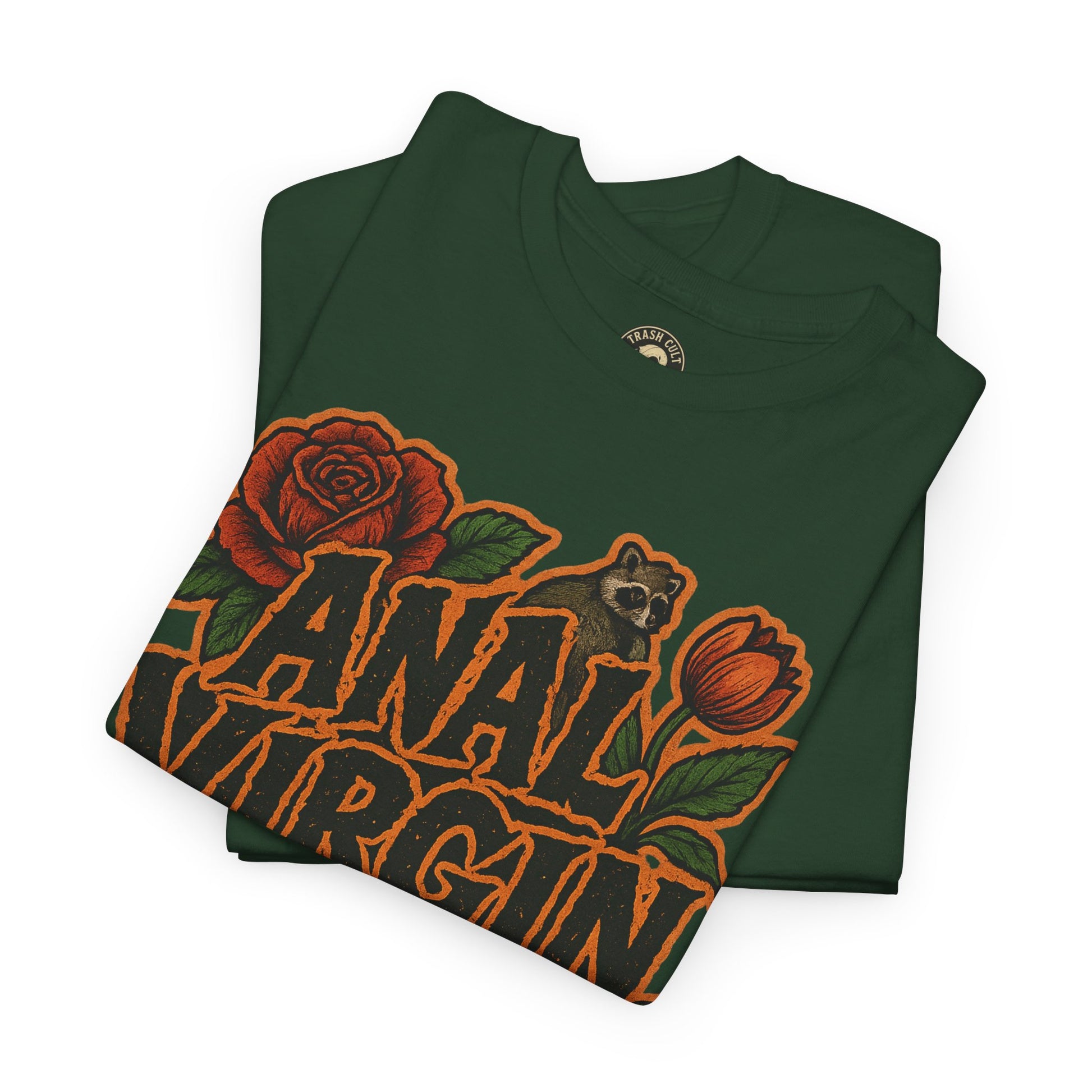Anal Virgin Bold Floral Trashcore Tee – Funny Raccoon Shirt – Gildan 5000