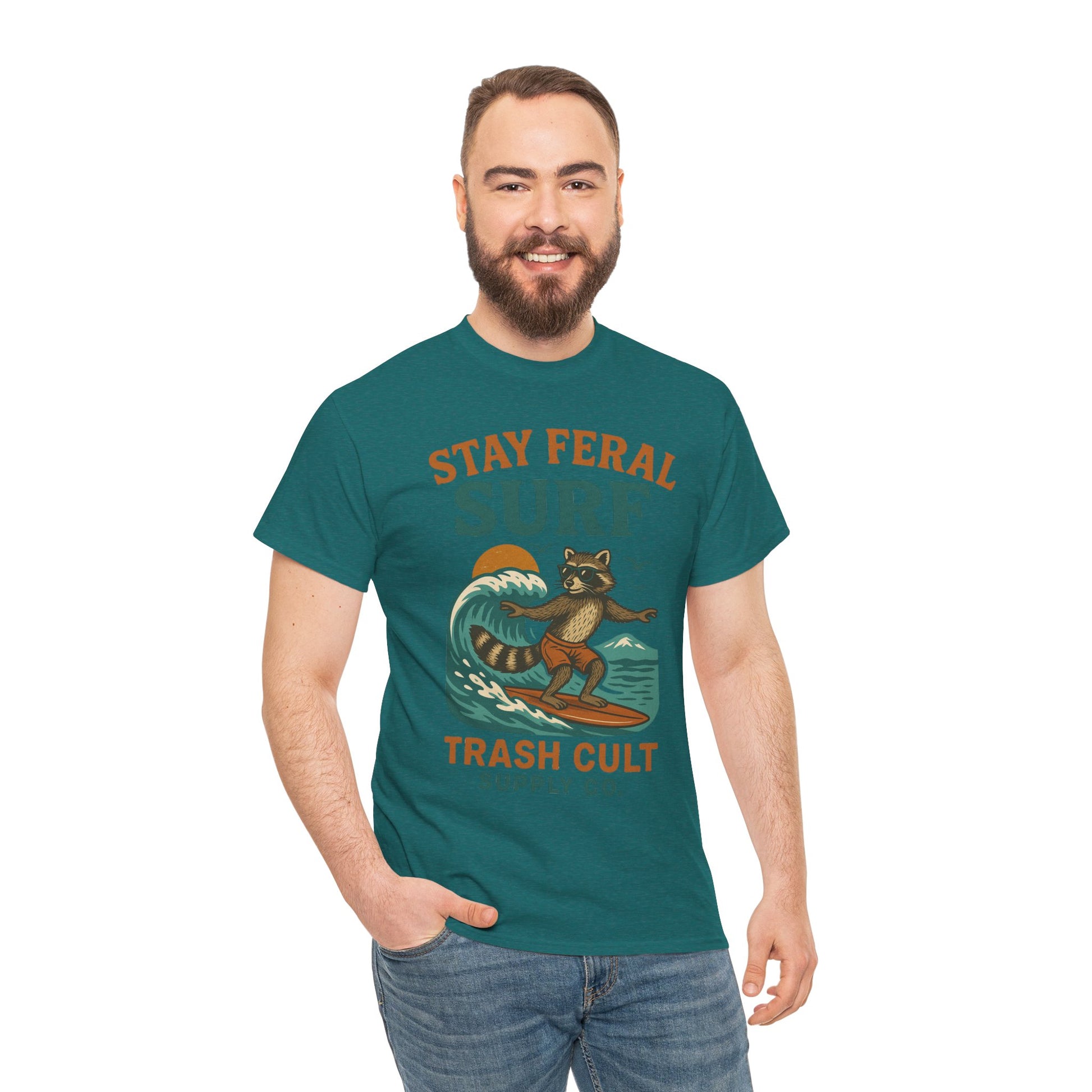 Stay Feral Surf Shirt – Retro Raccoon Beach Tee – Trash Cult Supply Co – Gildan 5000