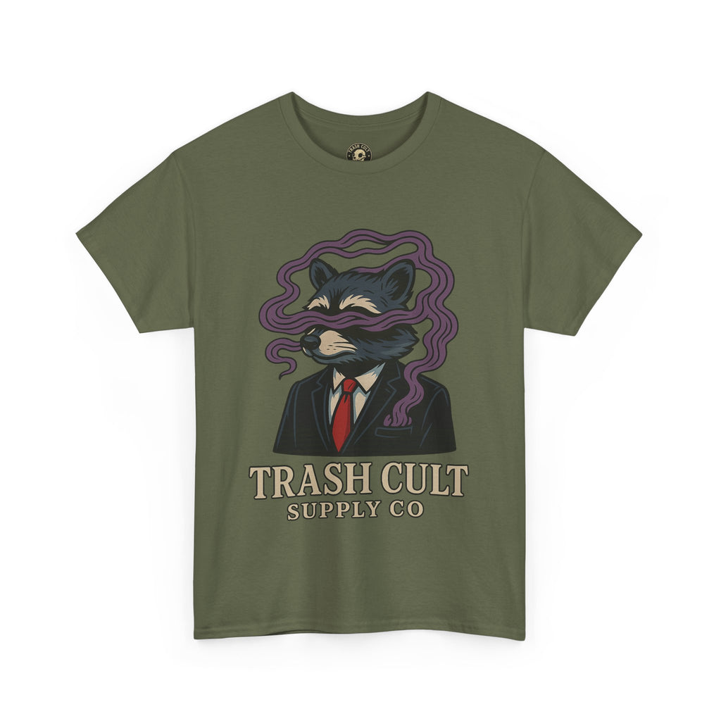 Suited Raccoon Smoke Design – Trash Cult Supply Co | Bold Graffiti Tattoo Tee