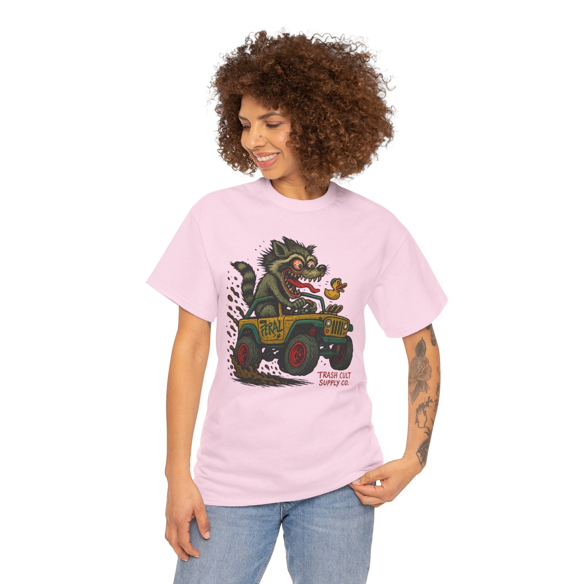 Feral Jeep Raccoon Shirt – Ed Roth Style Off-Road Chaos | Trash Cult Supply Co | Gildan 5000 Tee