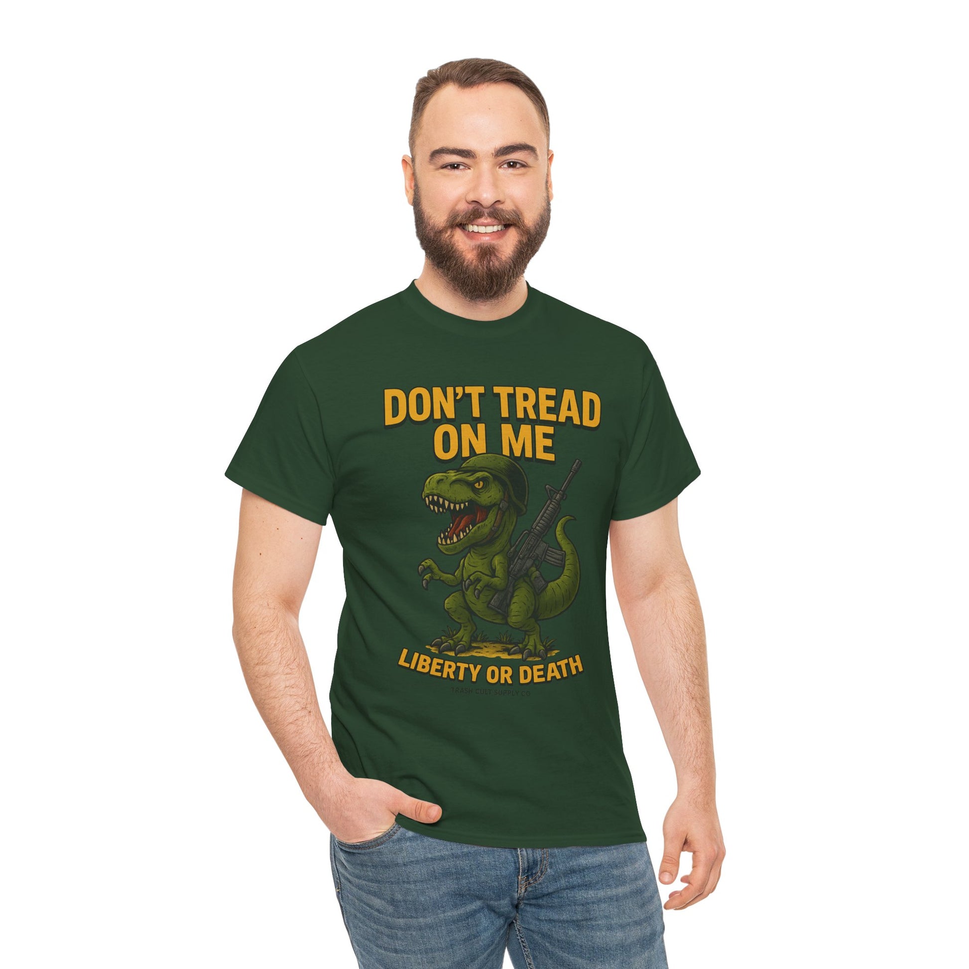 Don’t Tread On Me T-Rex T-Shirt – Liberty or Death Graphic | Trash Cult Supply Co. | Gildan 5000 Heavy Cotton