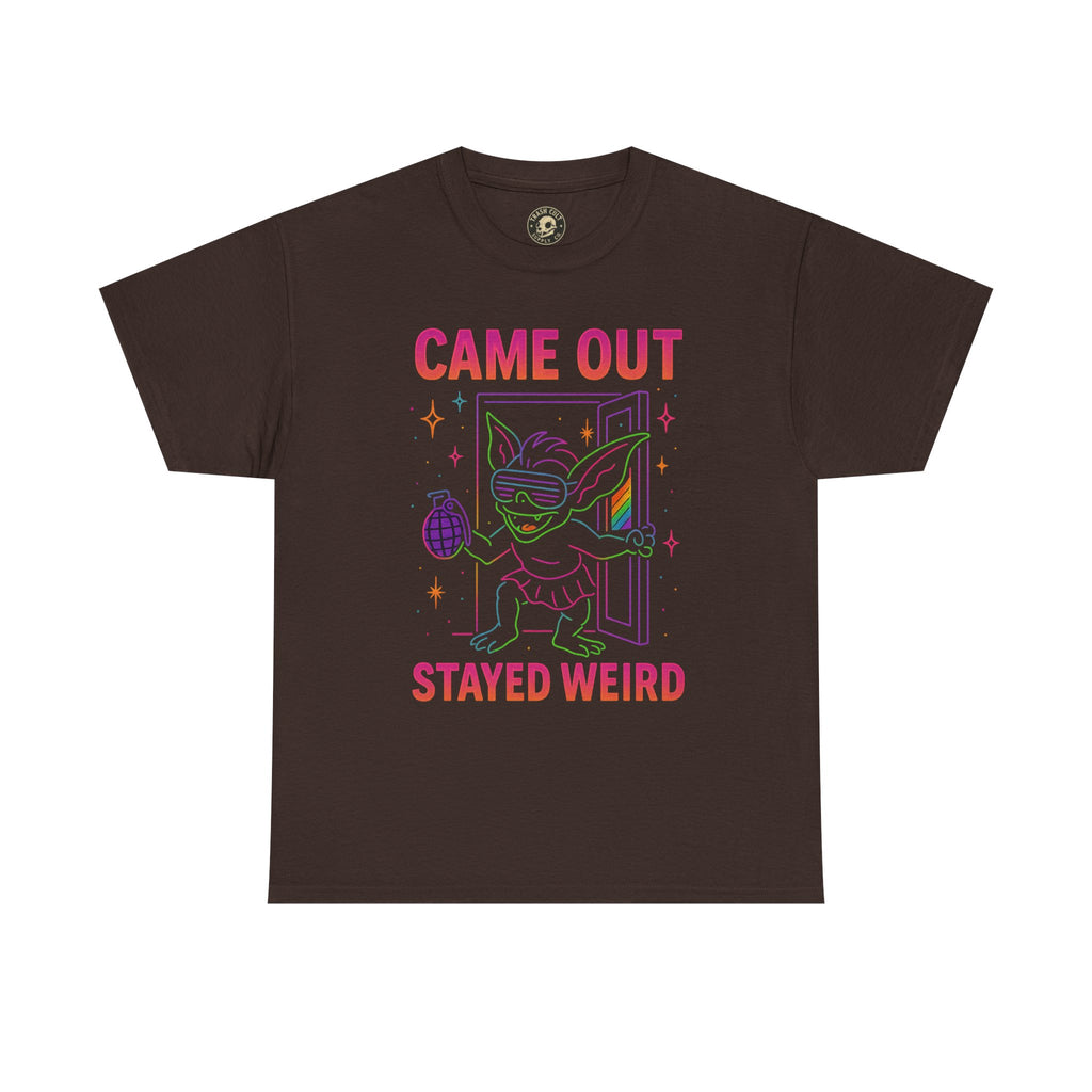Came Out, Stayed Weird – Neon Gremlin Pride T-Shirt | Gildan Unisex Heavy Cotton Tee | LGBTQ+ Graphic Shirt