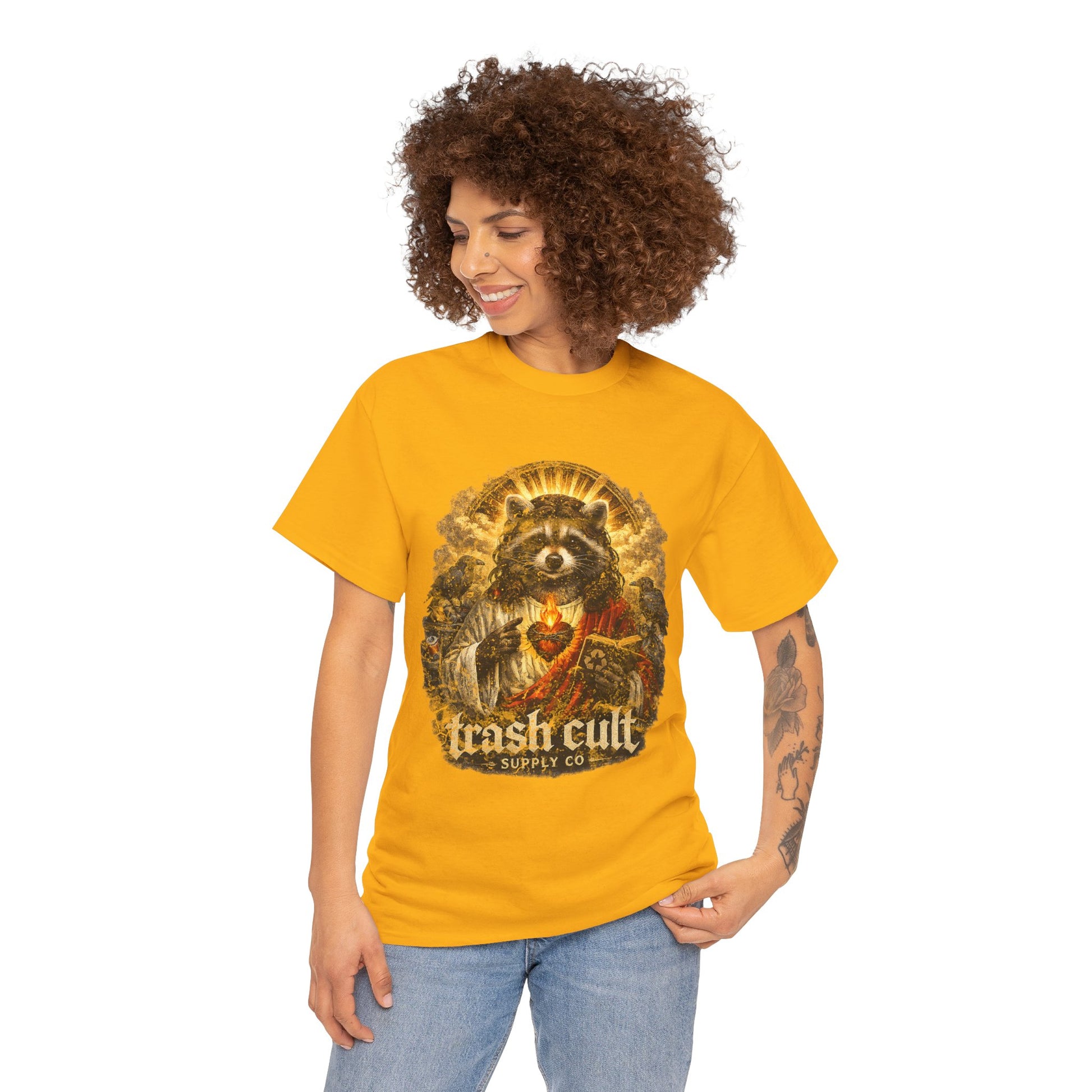 Raccoon Saint Graphic Tee — “Trash Cult” Vintage Devotional Design