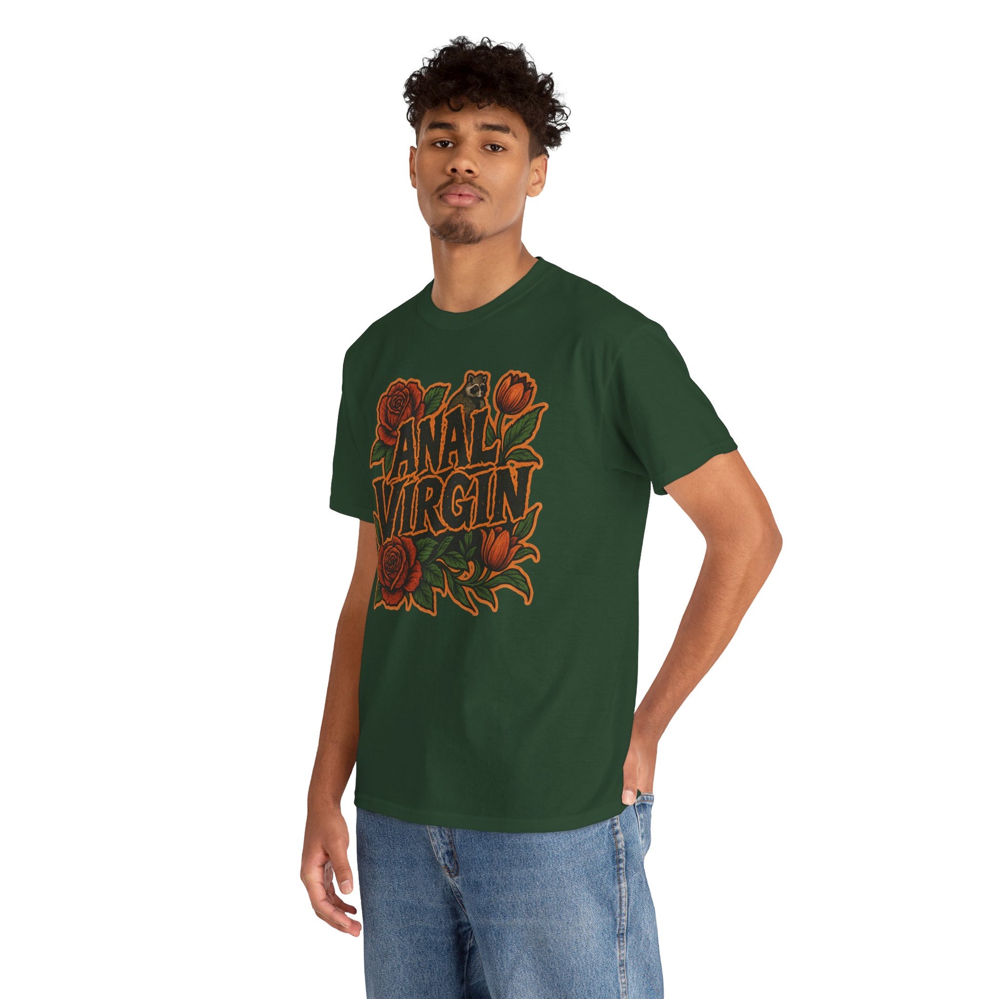 Anal Virgin Bold Floral Trashcore Tee – Funny Raccoon Shirt – Gildan 5000