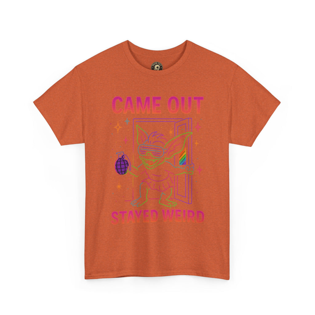 Came Out, Stayed Weird – Neon Gremlin Pride T-Shirt | Gildan Unisex Heavy Cotton Tee | LGBTQ+ Graphic Shirt