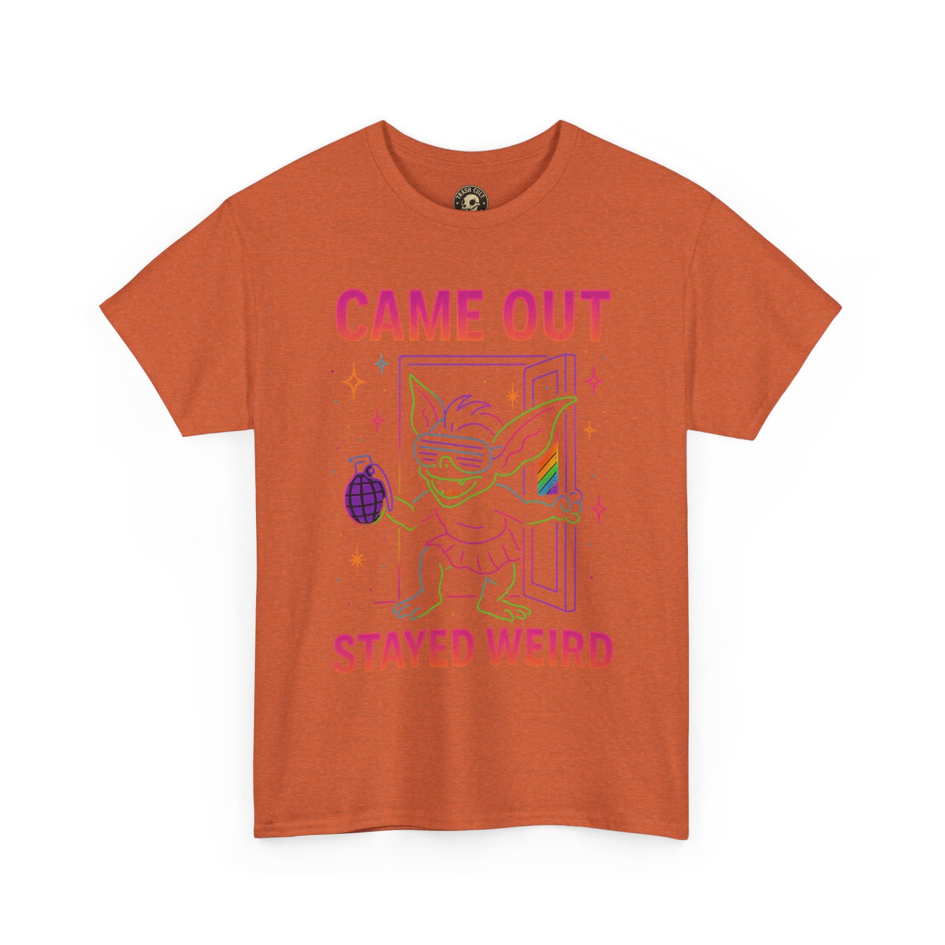 Came Out, Stayed Weird – Neon Gremlin Pride T-Shirt | Gildan Unisex Heavy Cotton Tee | LGBTQ+ Graphic Shirt