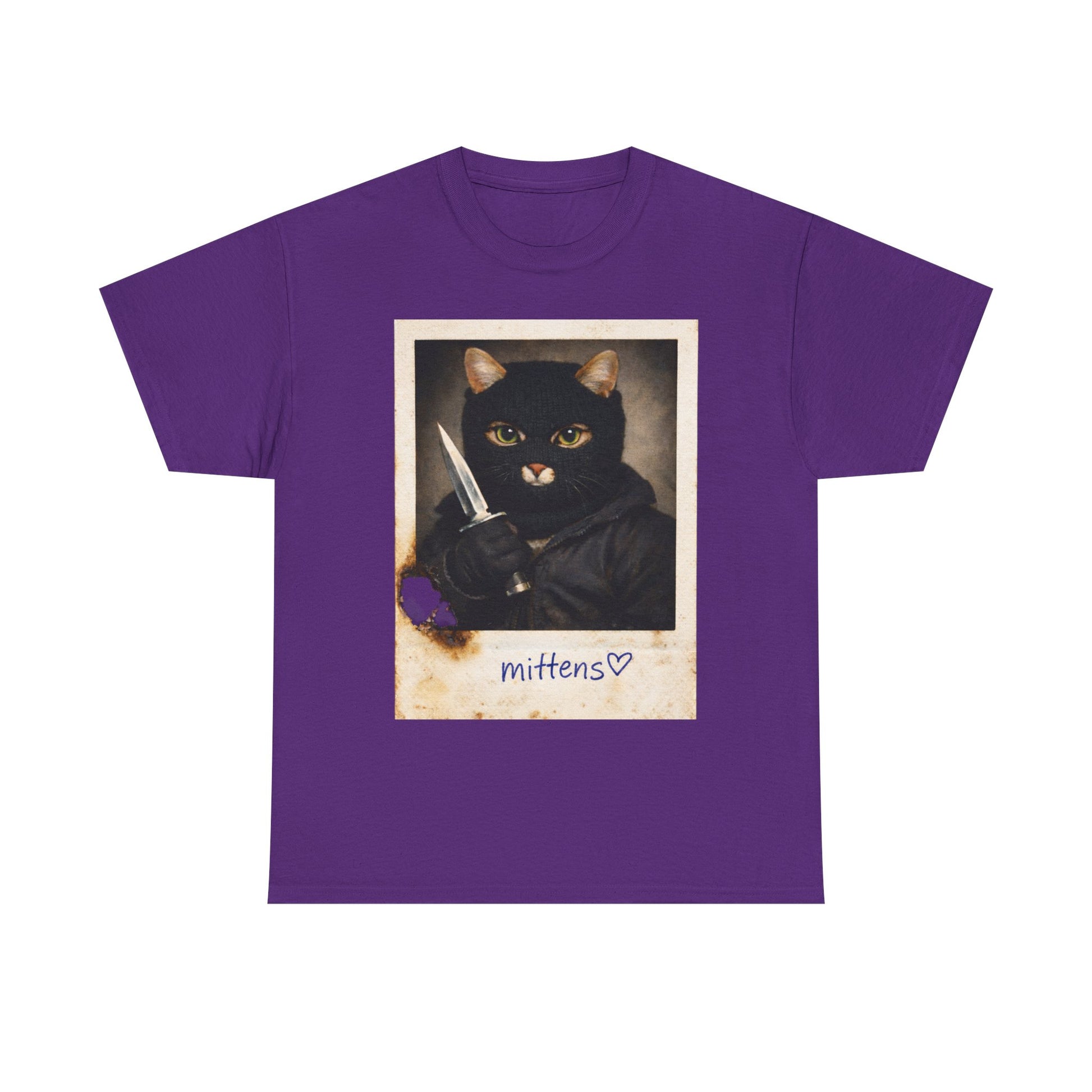 Cat With Knife Tee — "Mittens" Dark Humor Vintage Polaroid Graphic T-Shirt