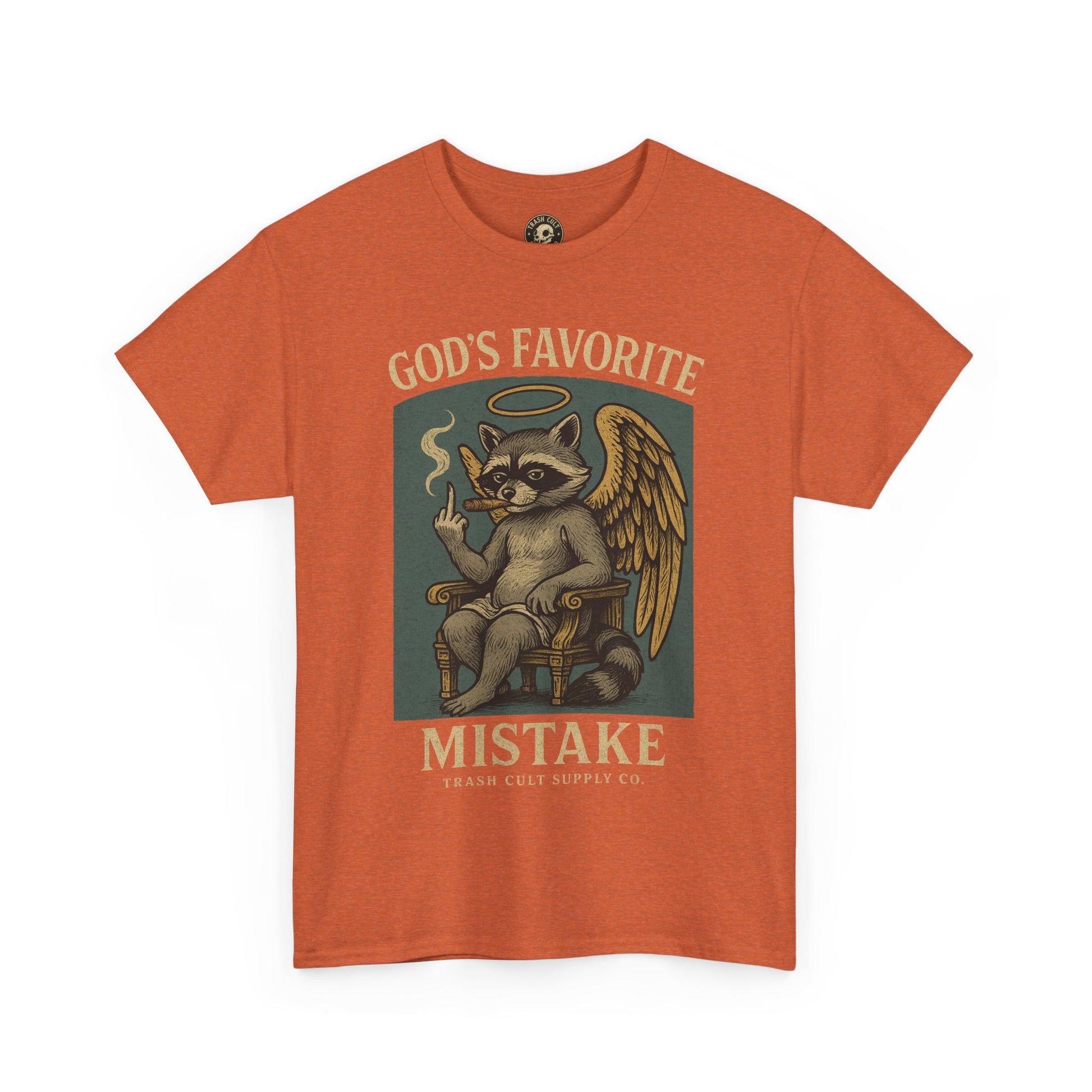 God’s Favorite Mistake Shirt – Raccoon Angel Flipping the Bird by Trash Cult Supply Co.
