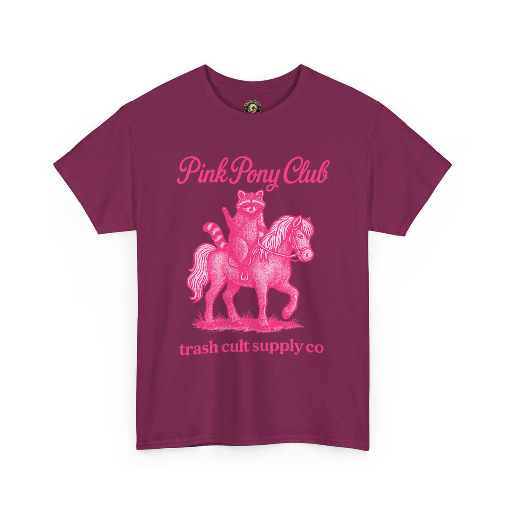 Pink Pony Club Raccoon Riding Pony Shirt – Vintage Hot Pink Halftone Tee by Trash Cult Supply Co