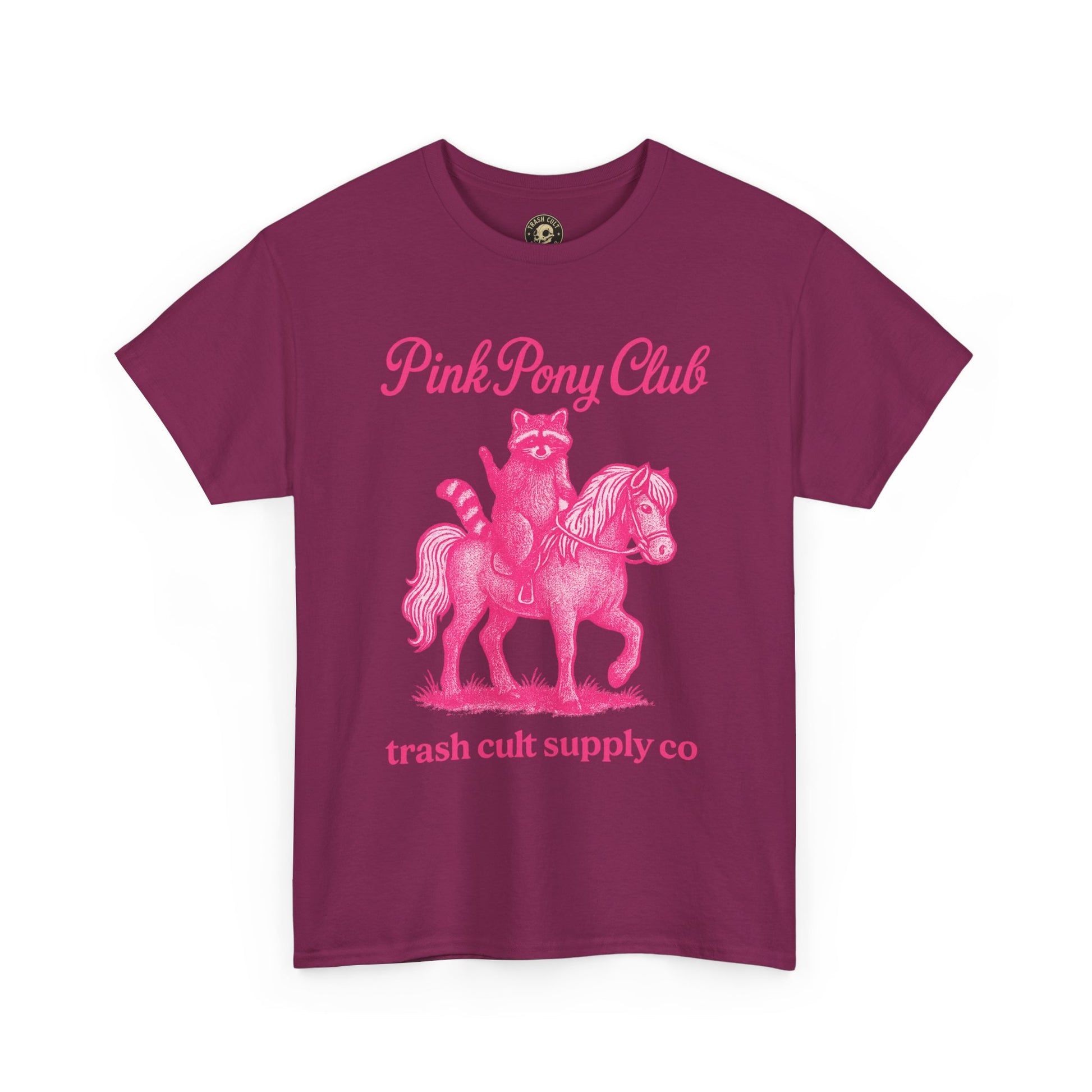 Pink Pony Club Raccoon Riding Pony Shirt – Vintage Hot Pink Halftone Tee by Trash Cult Supply Co