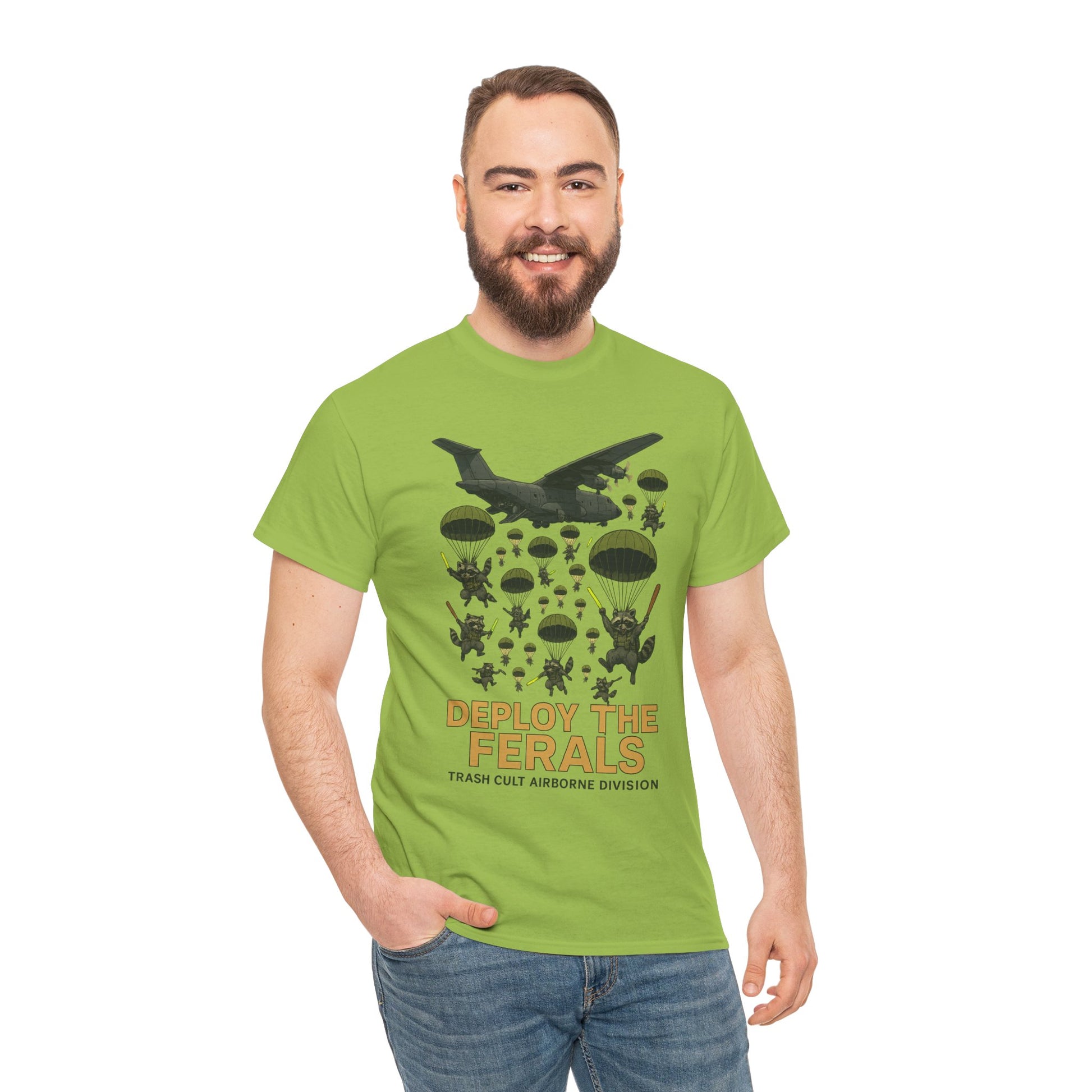 Deploy the Ferals T-Shirt – Airborne Raccoon Drop Graphic | Trash Cult Supply Co. | Gildan 5000 Heavy Cotton Tee