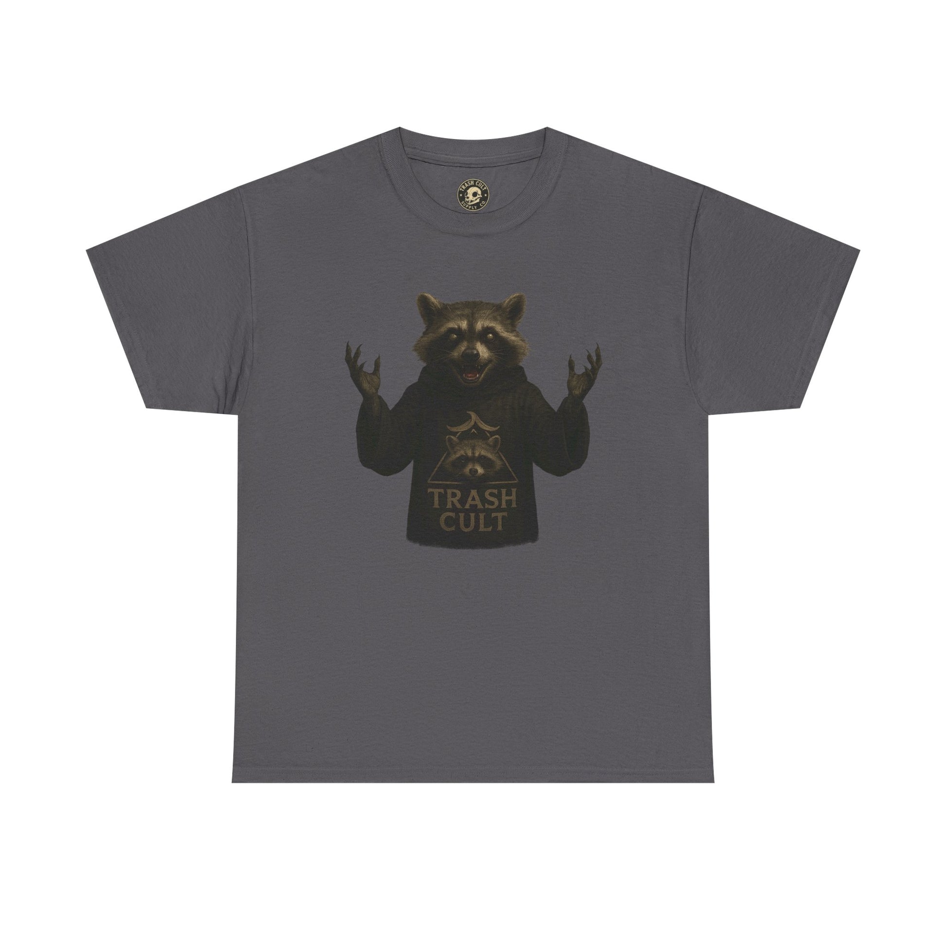 Raccoon Cult Leader Shirt – Trash Cult Unhinged Mascot Tee for Dark Fabrics | Gildan 5000