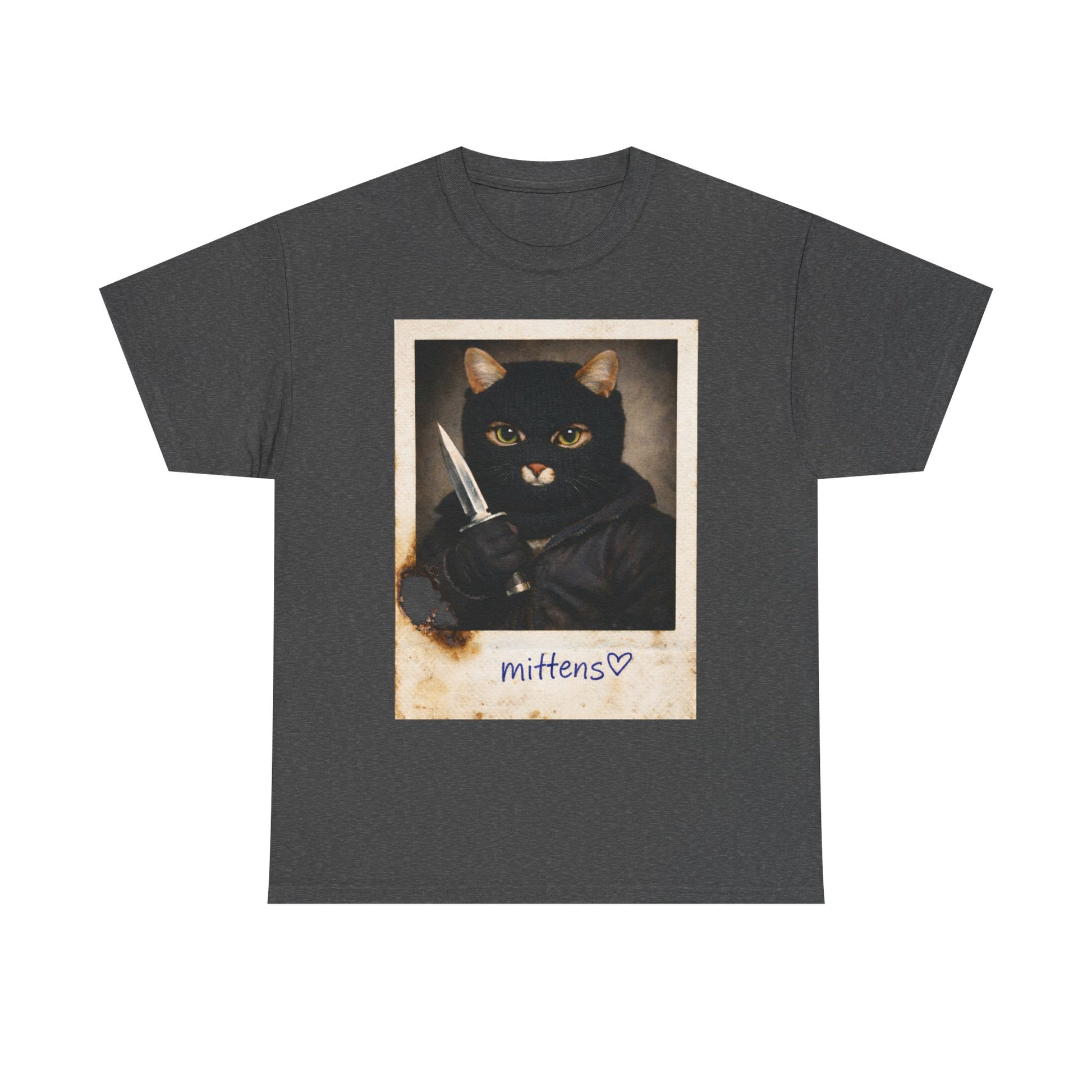 Cat With Knife Tee — "Mittens" Dark Humor Vintage Polaroid Graphic T-Shirt