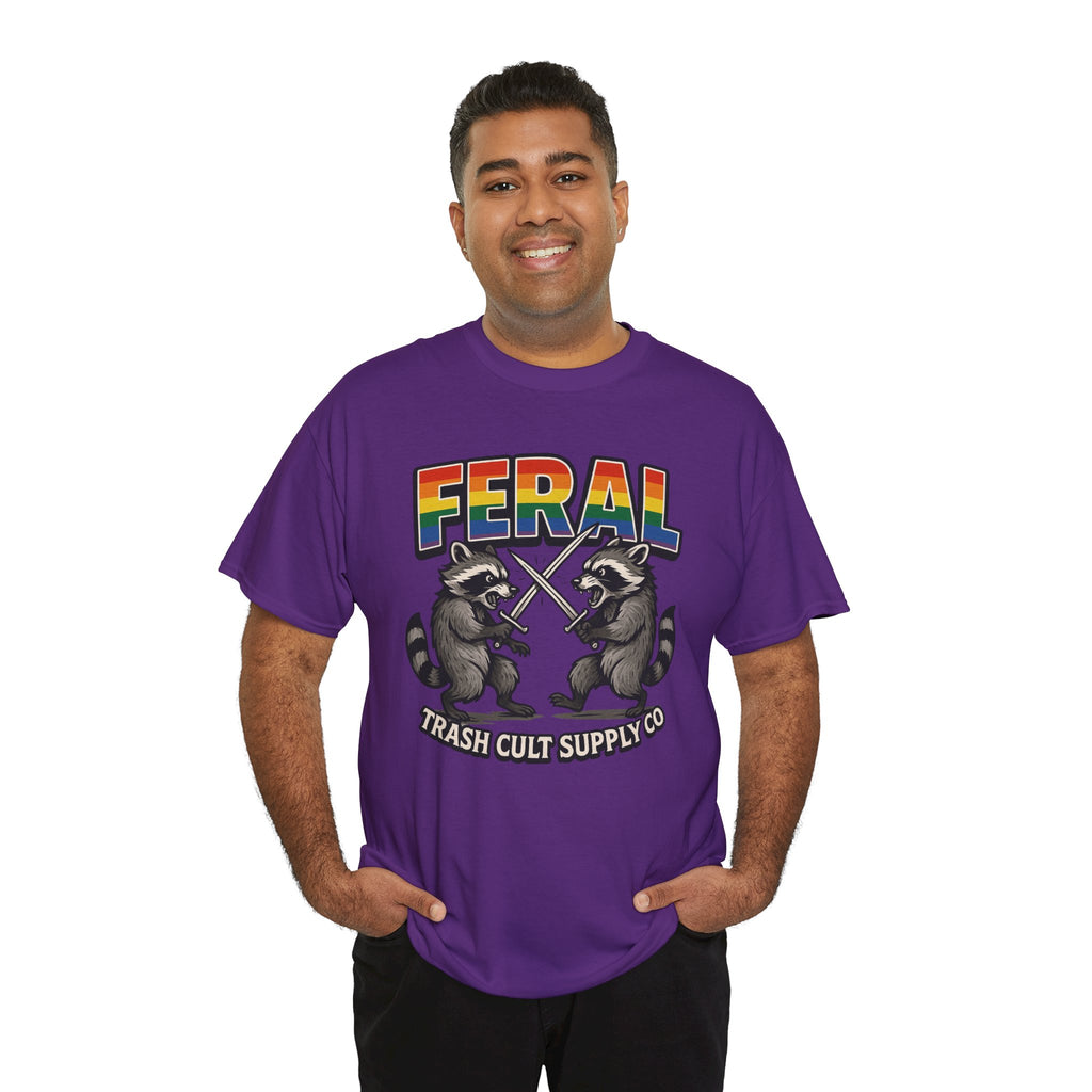 FERAL Rainbow Raccoon Sword Fighting Graphic Tee – Gildan 5000 Heavy Cotton