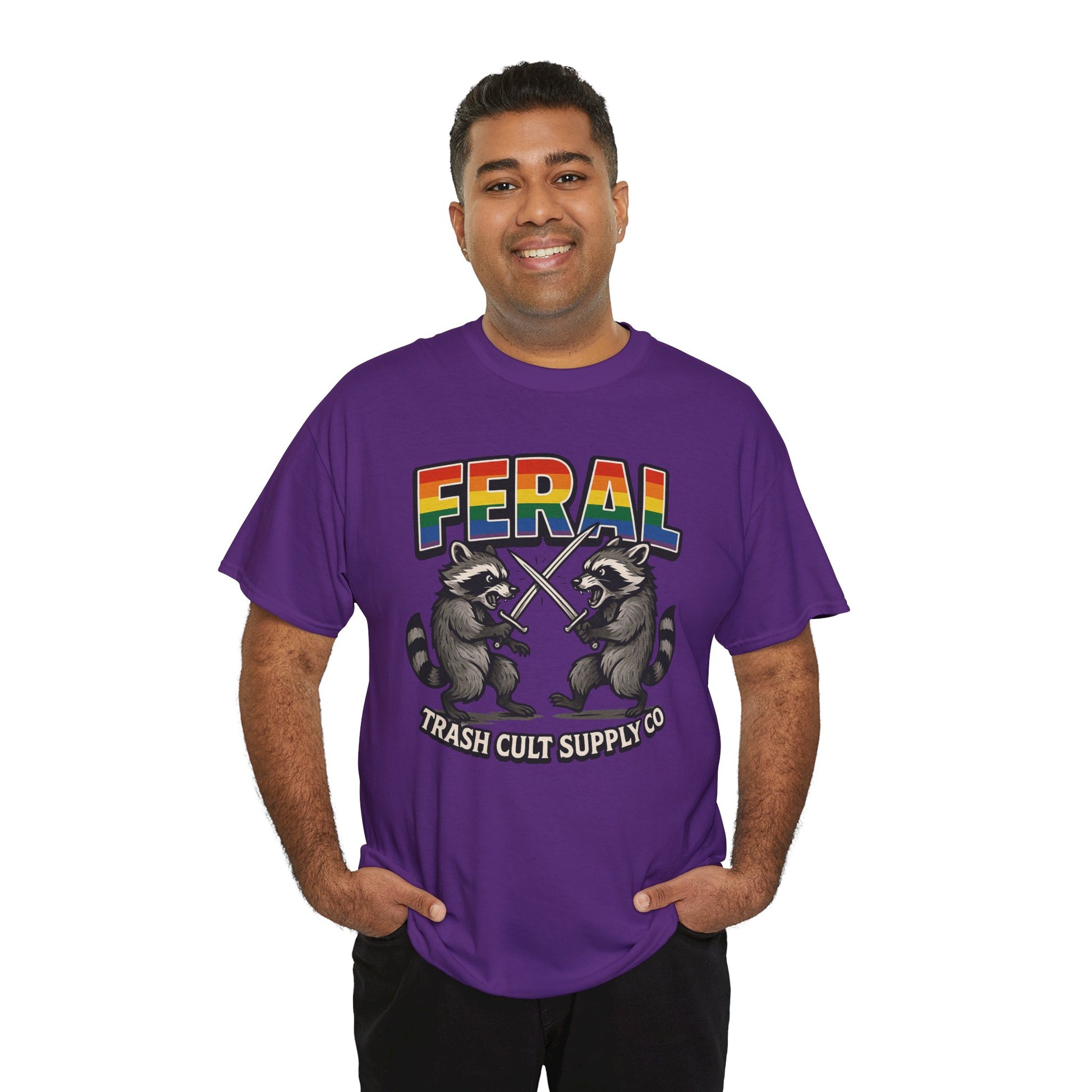 FERAL Rainbow Raccoon Sword Fighting Graphic Tee – Gildan 5000 Heavy Cotton
