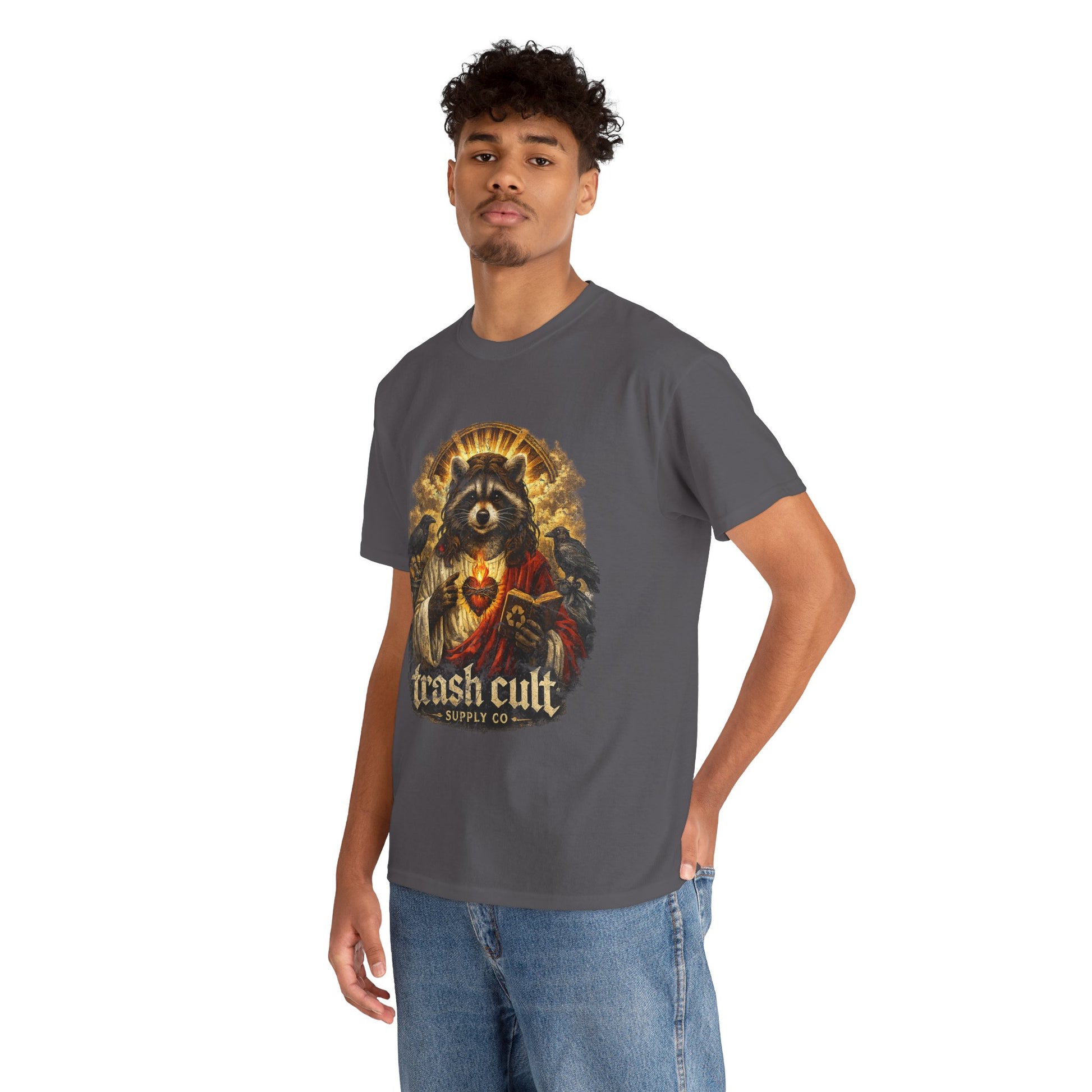 Raccoon Saint Graphic Tee — “Trash Cult” Vintage Devotional Design