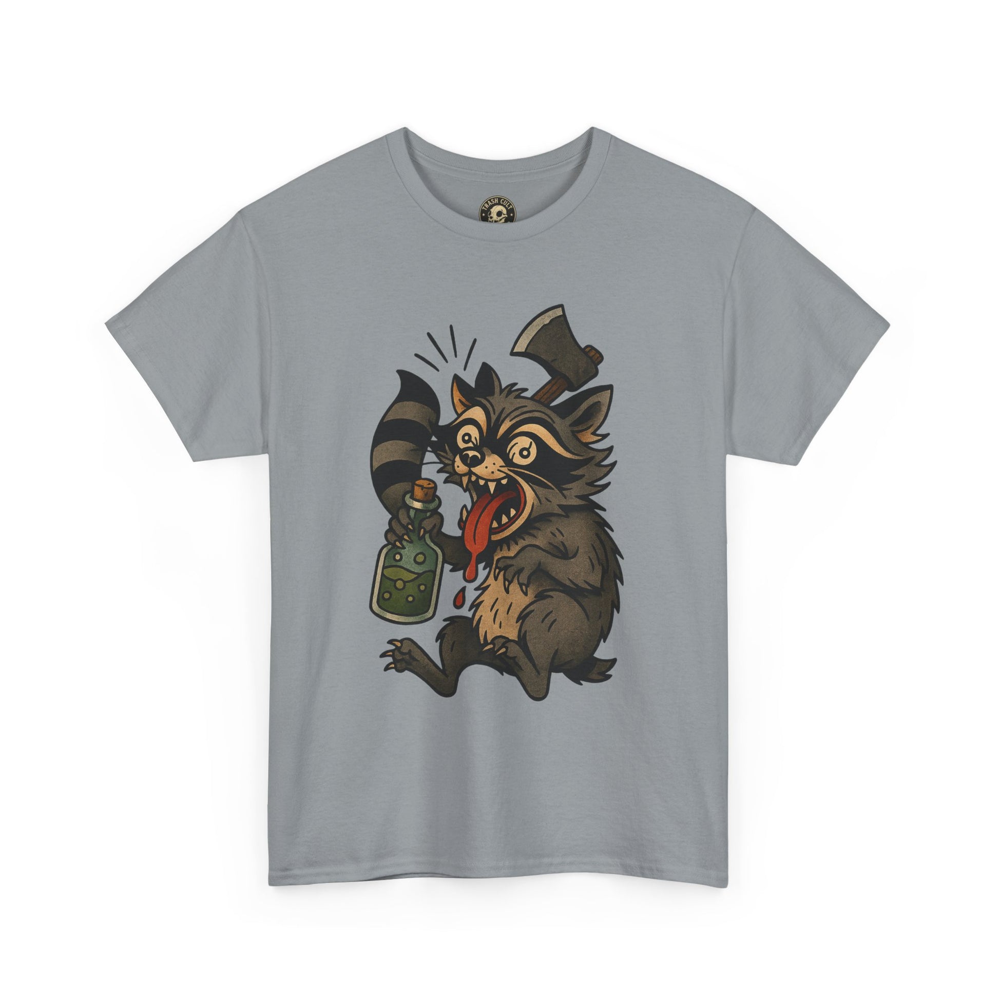 Unhinged Raccoon Shirt – Chaos Gremlin with Axe & Potion | Tattoo Style Tee