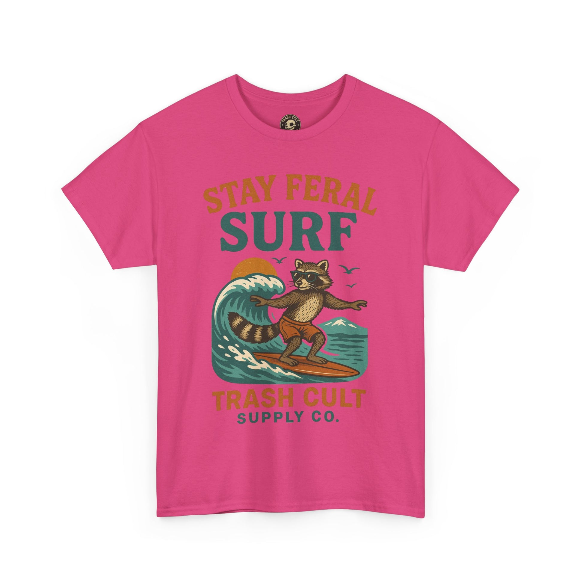 Stay Feral Surf Shirt – Retro Raccoon Beach Tee – Trash Cult Supply Co – Gildan 5000