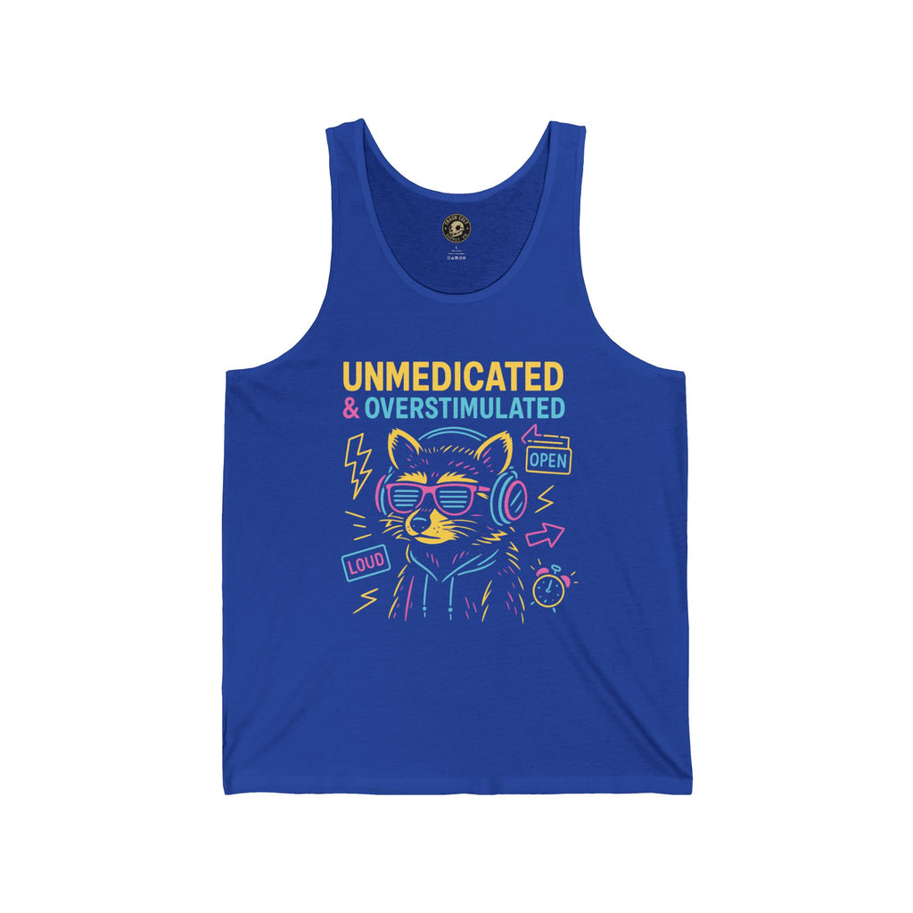 Unmedicated & Overstimulated Tank Top, Fun Cat Graphic Tee, Unisex Jersey Tank for Chill Days, Music Lovers Gift, Quirky Summer Wear