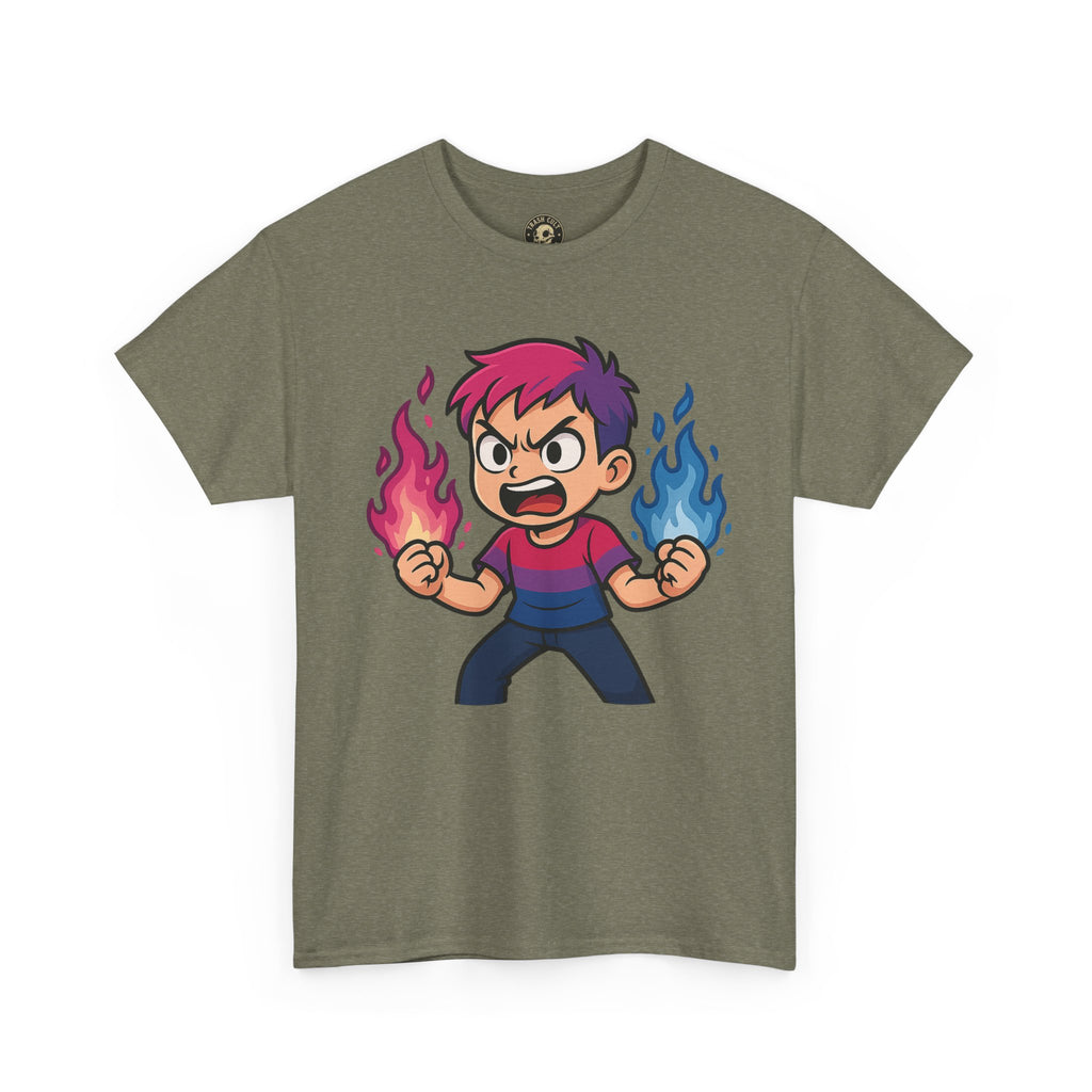 Bi-Furious Cartoon Pride Tee – Unisex Heavy Cotton Shirt for Gamers, Comic Fans & LGBTQ+ Allies