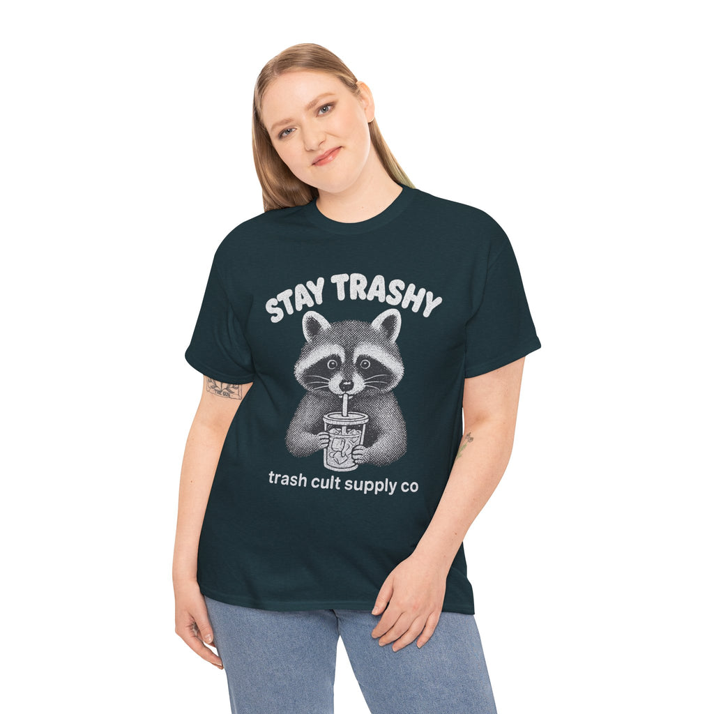 Stay Trashy Raccoon Iced Coffee Shirt – Halftone All White Design | Trash Cult Supply Co.