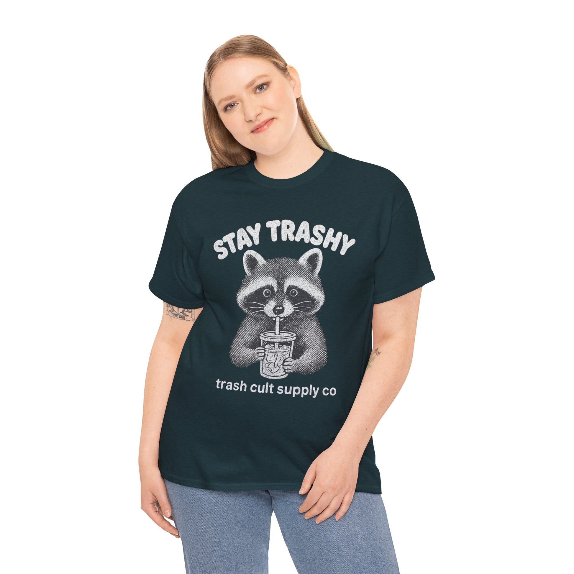 Stay Trashy Raccoon Iced Coffee Shirt – Halftone All White Design | Trash Cult Supply Co.