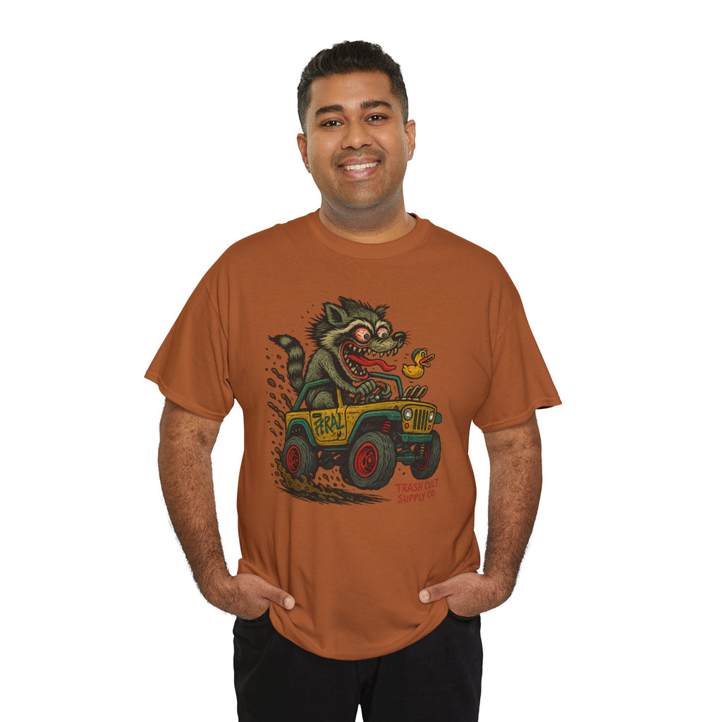 Feral Jeep Raccoon Shirt – Ed Roth Style Off-Road Chaos | Trash Cult Supply Co | Gildan 5000 Tee