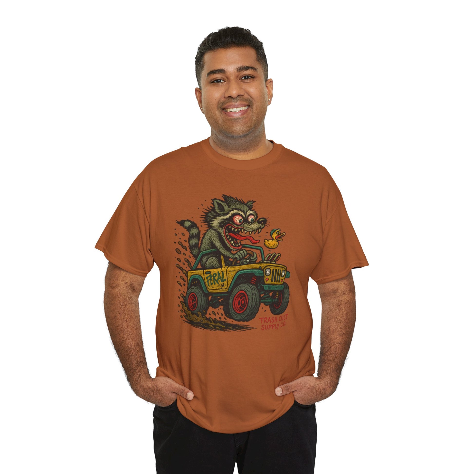 Feral Jeep Raccoon Shirt – Ed Roth Style Off-Road Chaos | Trash Cult Supply Co | Gildan 5000 Tee