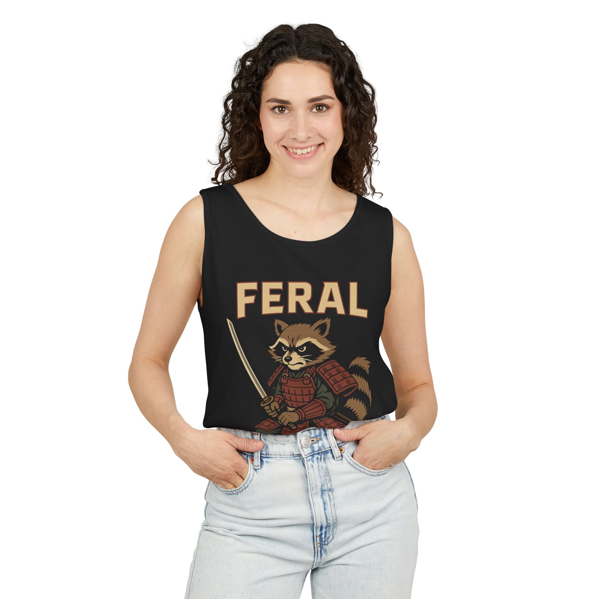 Feral Samurai Raccoon Tank Top, Unisex Graphic Tee, Summer Shirt, Gift for Animal Lovers, Trendy Outdoor Wear