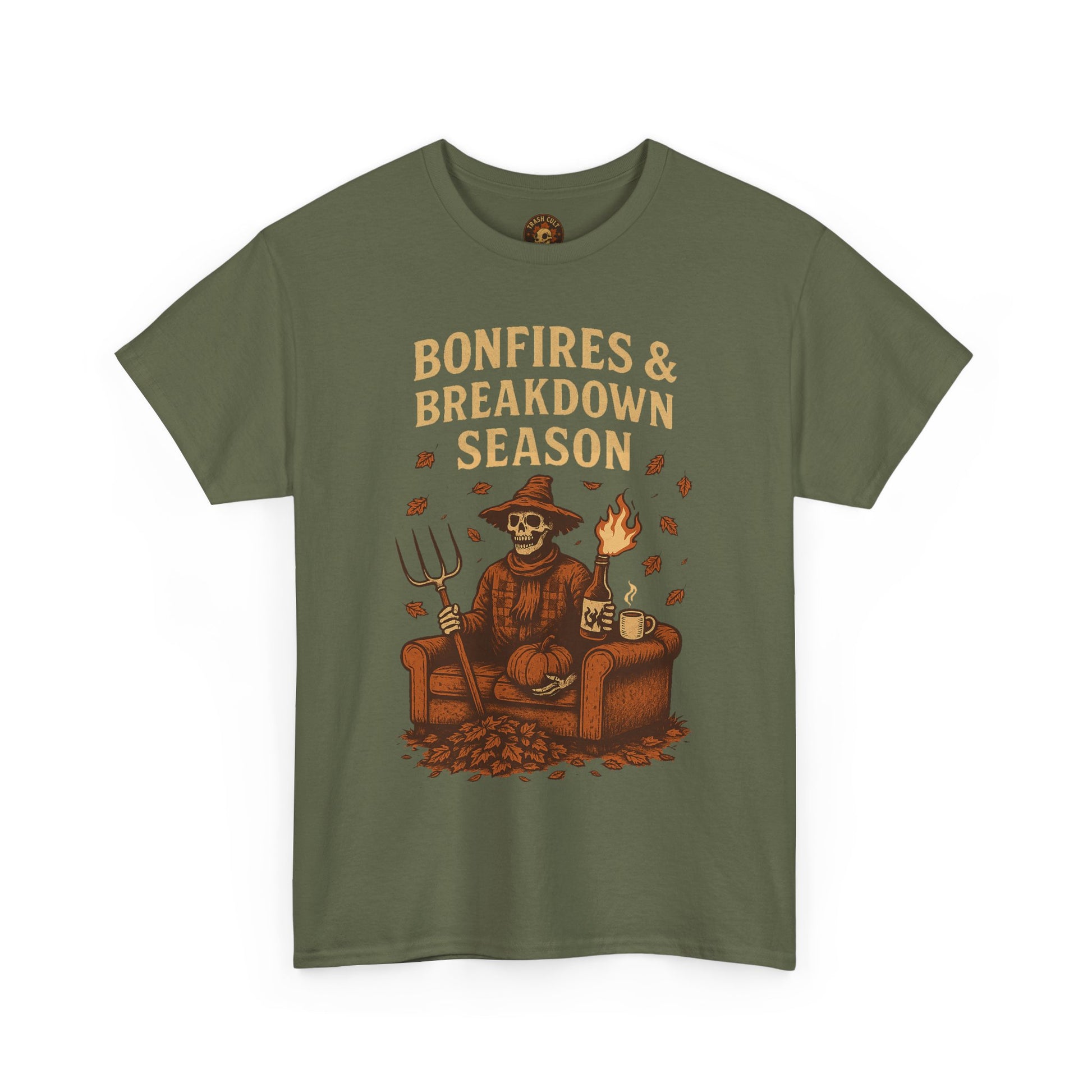 Bonfires & Breakdown Season Shirt – Skeleton Couch Chaos Tee – Fall of Humanity Collection – Trash Cult Supply Co.