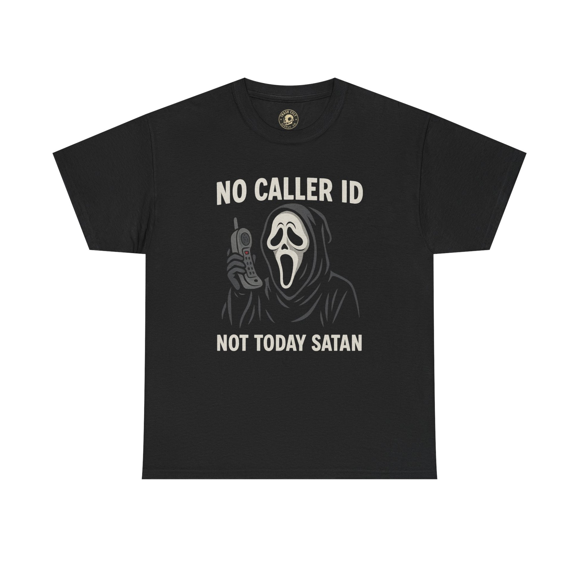 “No Caller ID Not Today Satan” Ghostface Parody Shirt – Funny Horror Graphic Tee – Gildan 5000
