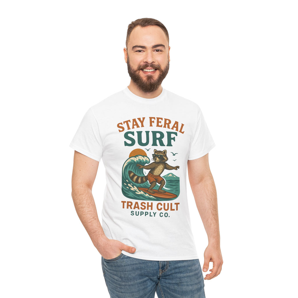 Stay Feral Surf Shirt – Retro Raccoon Beach Tee – Trash Cult Supply Co – Gildan 5000