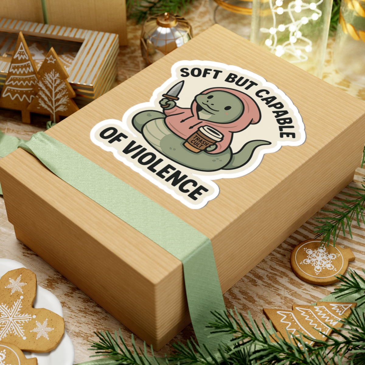 “Soft But Capable of Violence” Sticker – Cute Snake with Knife & Latte