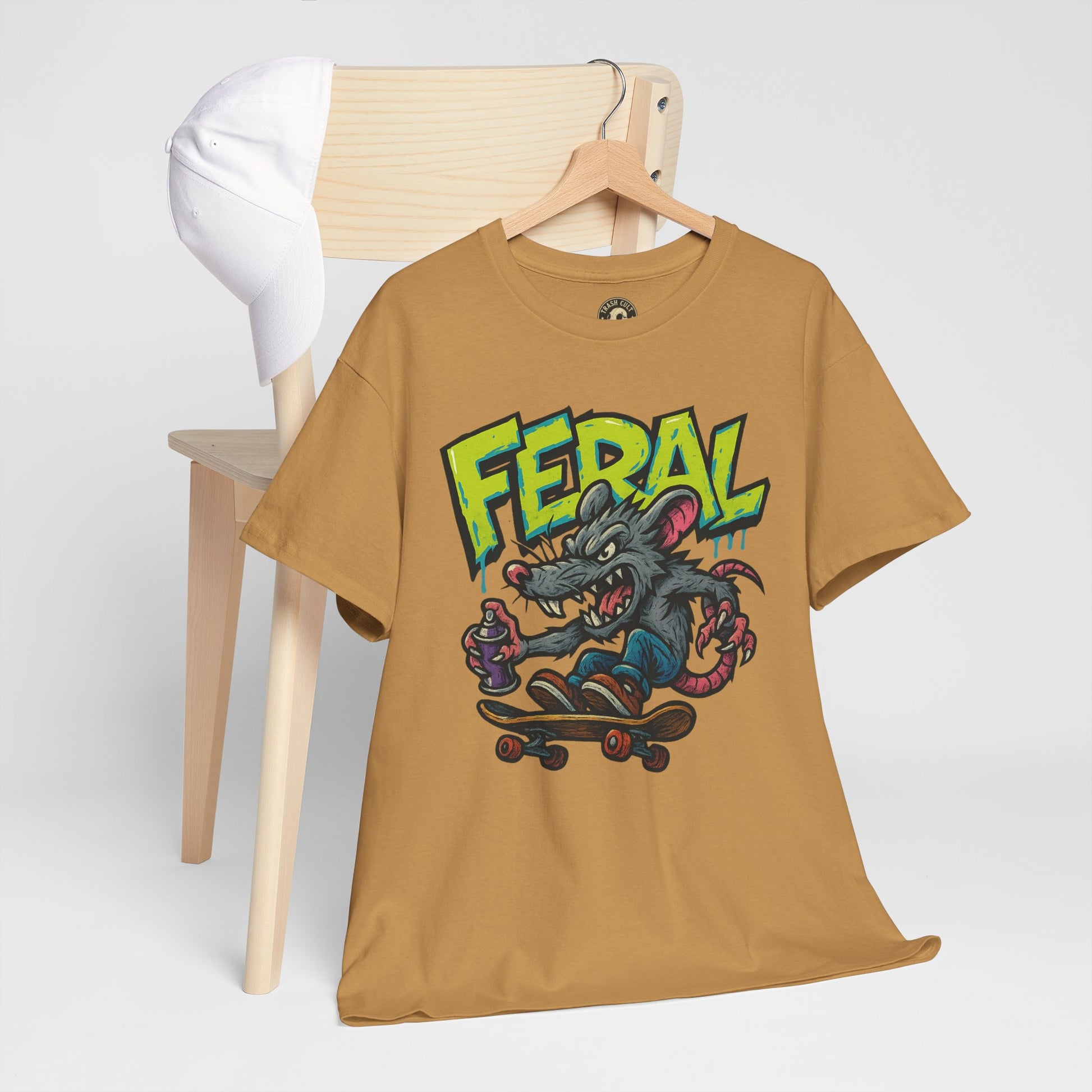 FERAL Graffiti Rat Skate Tee – Street Art Spray Can Mouse on Skateboard | Gildan 5000 Heavy Cotton Shirt