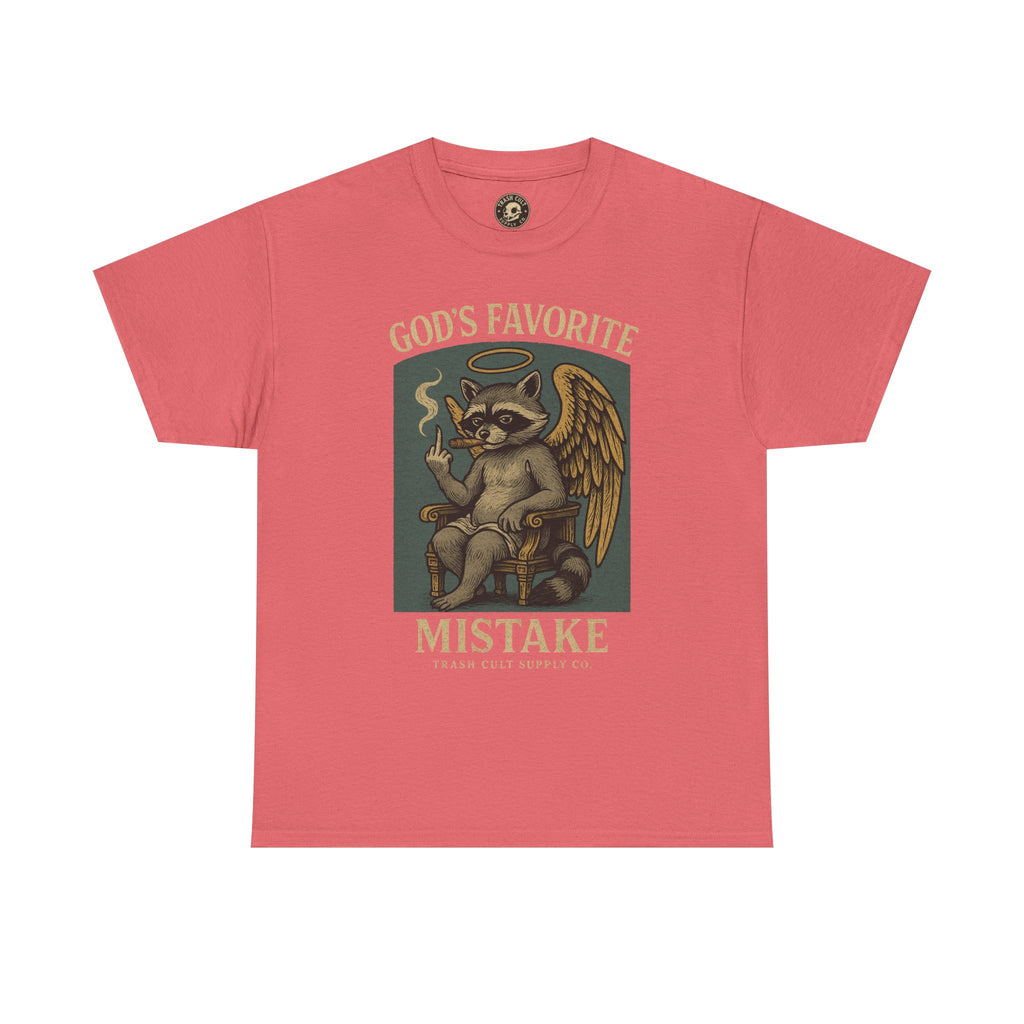 God’s Favorite Mistake Shirt – Raccoon Angel Flipping the Bird by Trash Cult Supply Co.