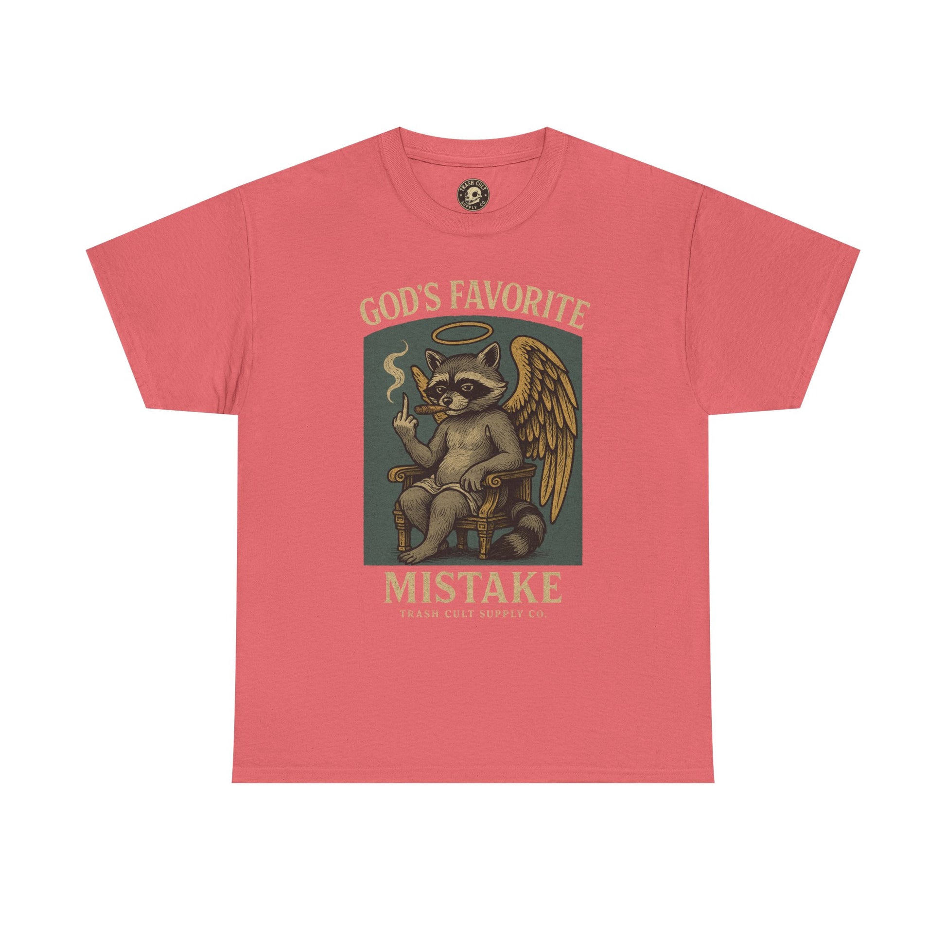 God’s Favorite Mistake Shirt – Raccoon Angel Flipping the Bird by Trash Cult Supply Co.