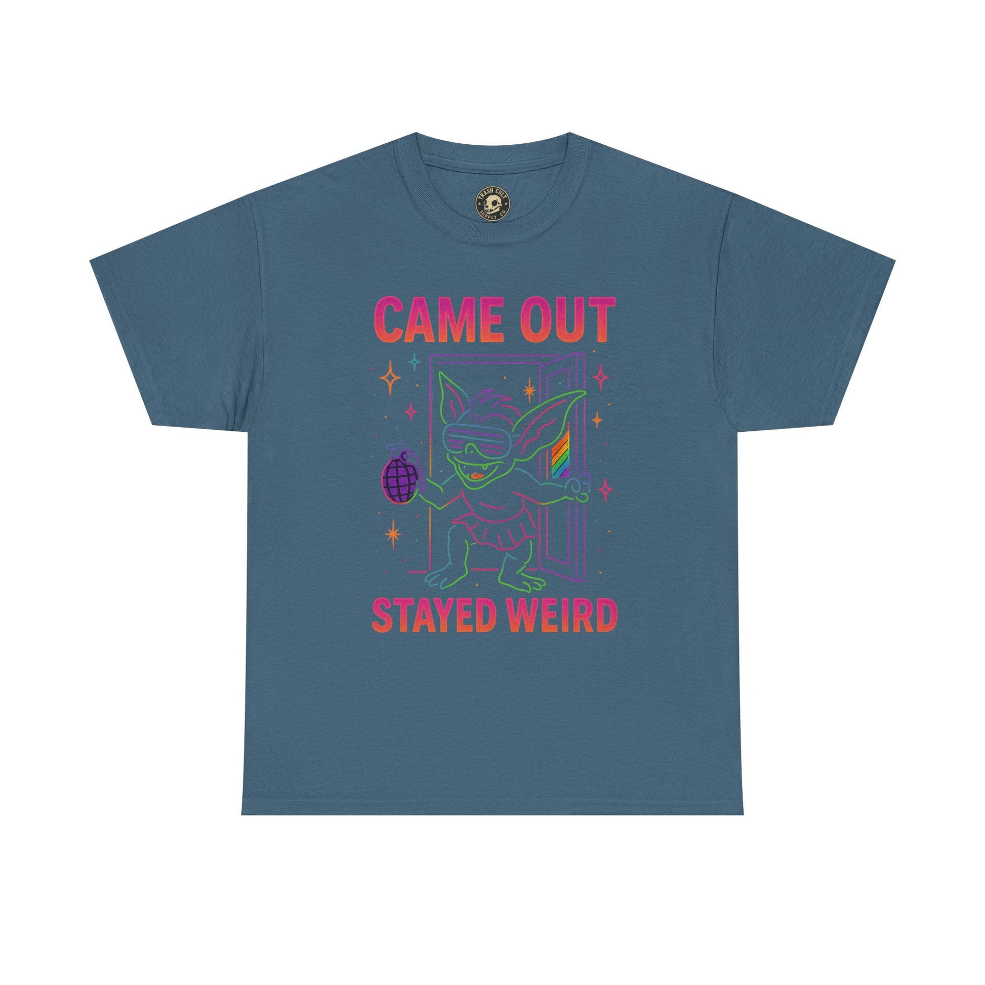 Came Out, Stayed Weird – Neon Gremlin Pride T-Shirt | Gildan Unisex Heavy Cotton Tee | LGBTQ+ Graphic Shirt