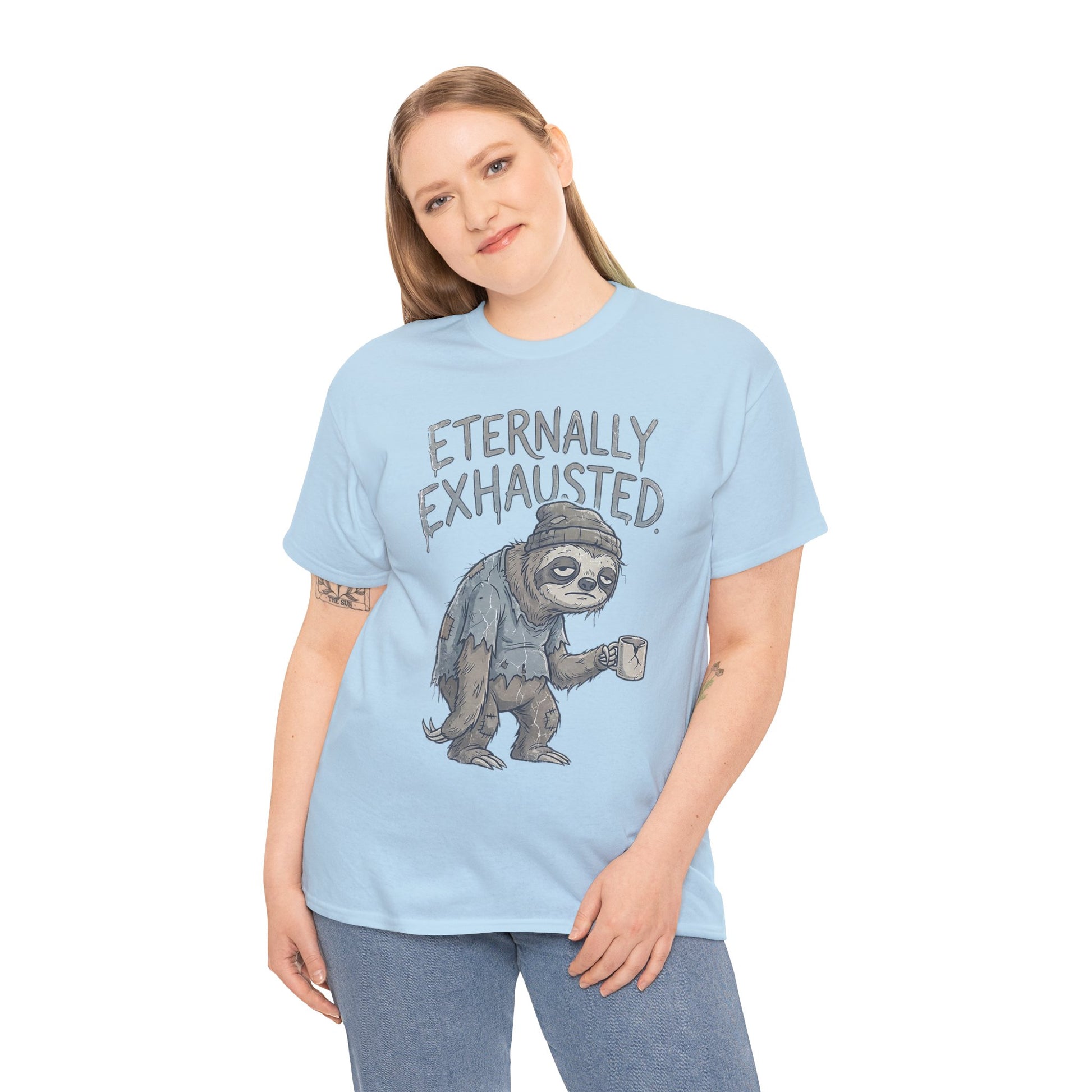 T-Shirt — 'Eternally Exhausted' Sloth Graphic Tee (Funny Coffee Lover Gift)